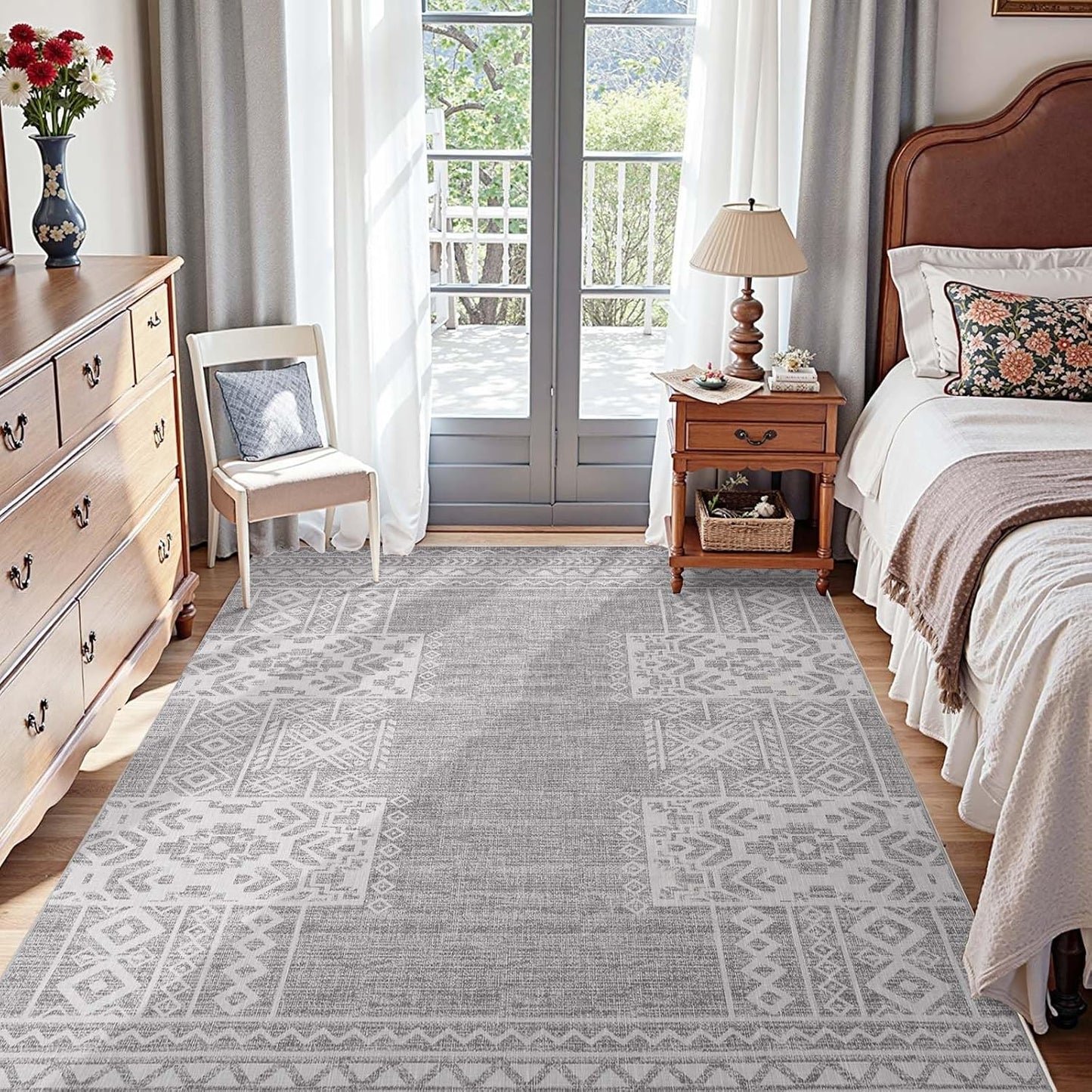 jinchan Runner Rug 3x10 Vintage Hallway Kitchen Runner Ultra-Thin Washable Boho Geometric Rug Non-Slip Non-Shedding Carpet for Bedroom Living Room Stairway Grey Ivory