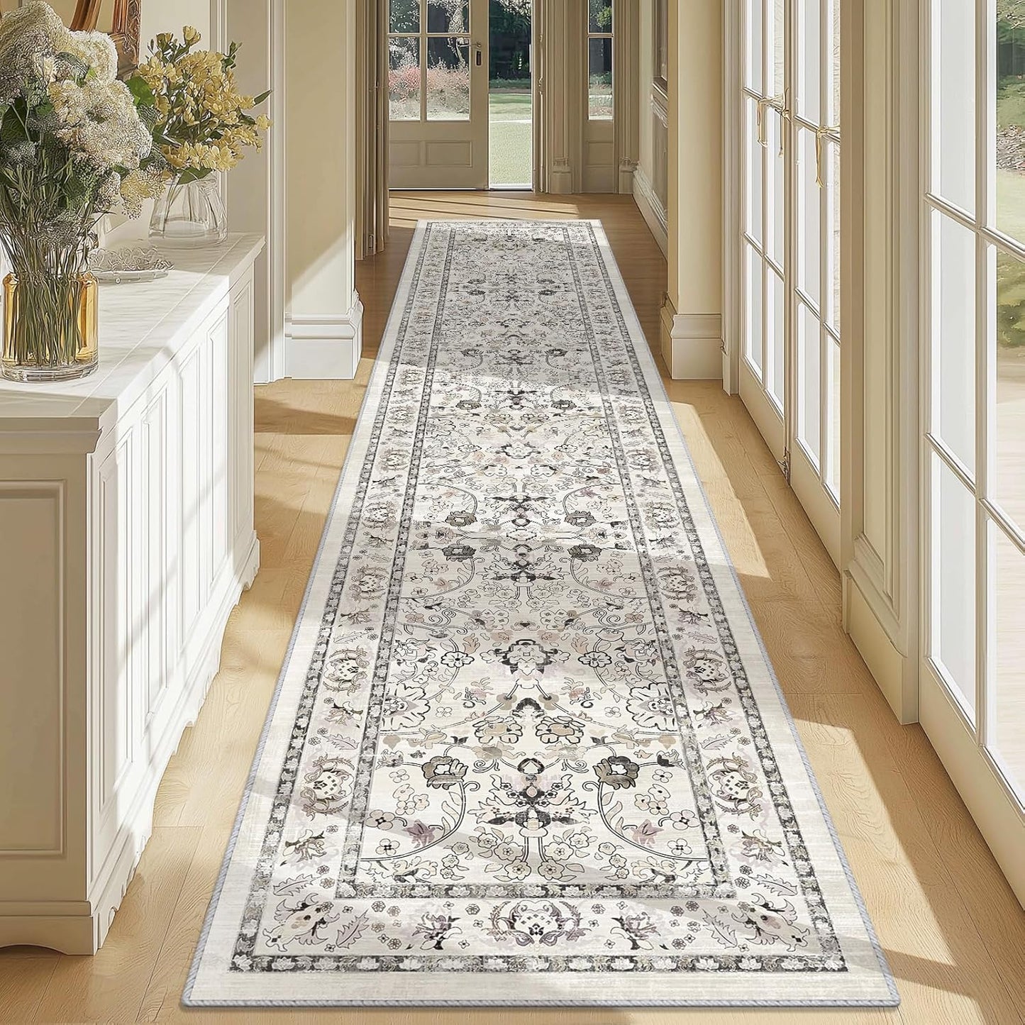 LOKHOM Washable Runner Rug, 2.6x14 Non-Slip Vintage Long Hallway Runner Rugs with Rubber Backing, Boho Soft Distressed Kitchen Rug Floor Carpet Runner for Hallway Laundry Entryway Bedroom(Beige Brown)