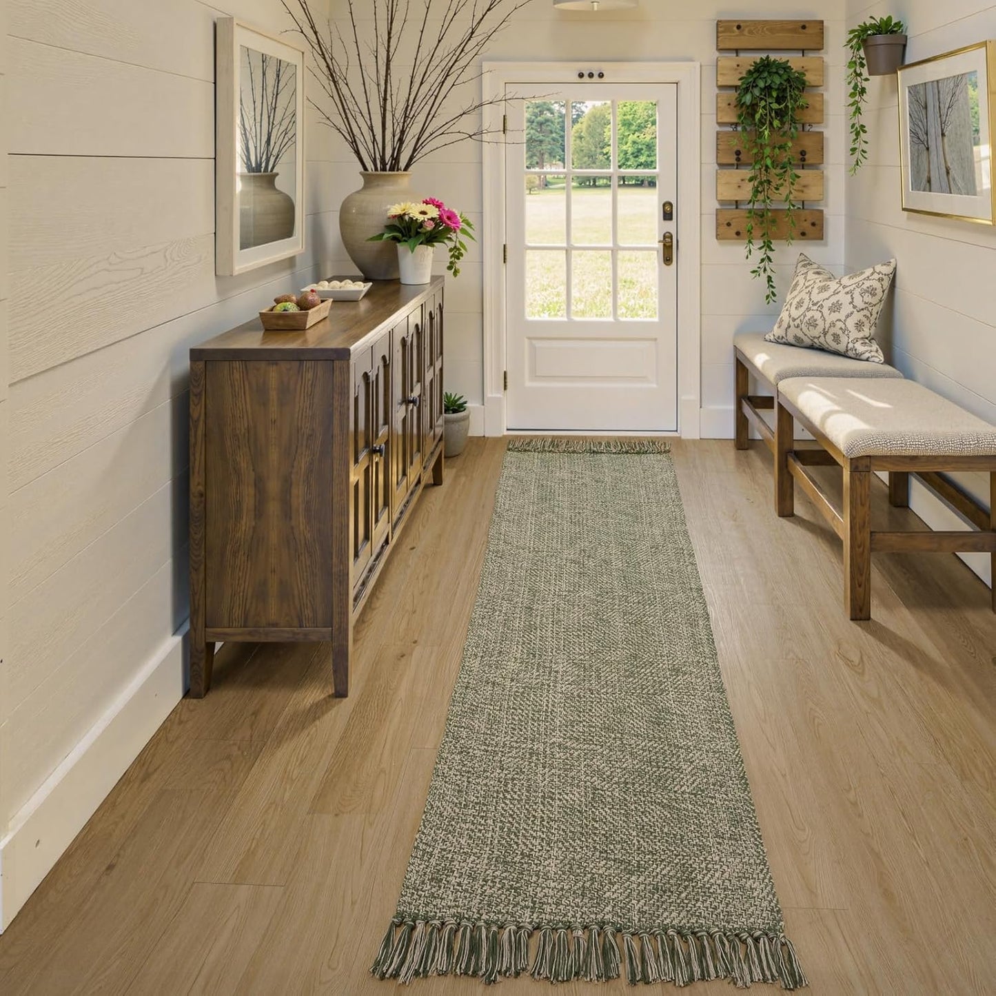 Collive Boho 18 ft Long Runner Rug for Hallway, Washable Kitchen Runner, Cotton Hand-Woven Farmhouse Neutral Carpet Runners, Tan/Cream Low Pile Entryway Floor Runners for Bedroom