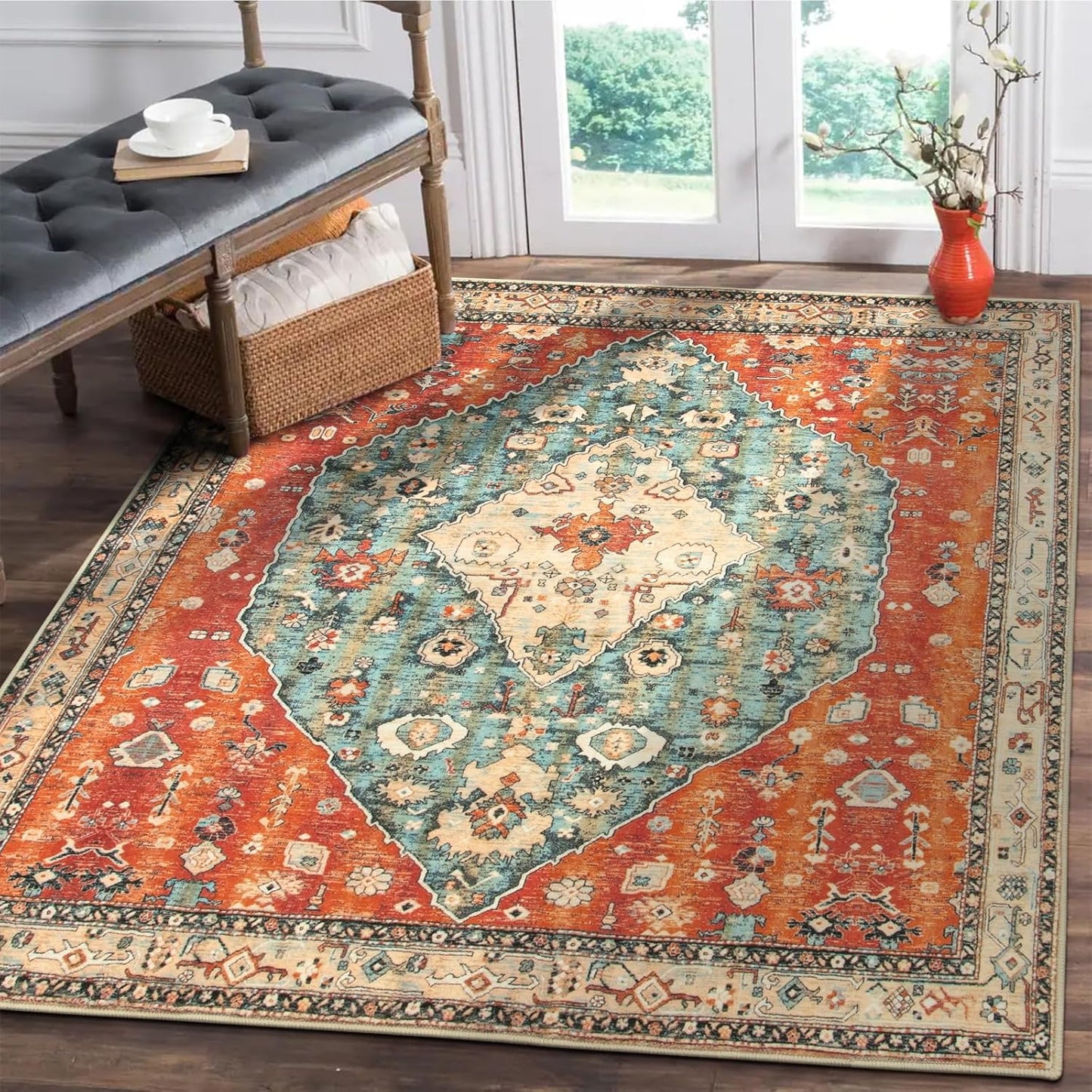 Lahome Boho Tribal 2'6" x 10' Washable Runners for Hallways, Oriental Kitchen Runner Rugs Non Skid Washable, Oriental Soft Long Stair Carpet Runner for Bathroom Living Room Bedroom, Rust/Dull Teal