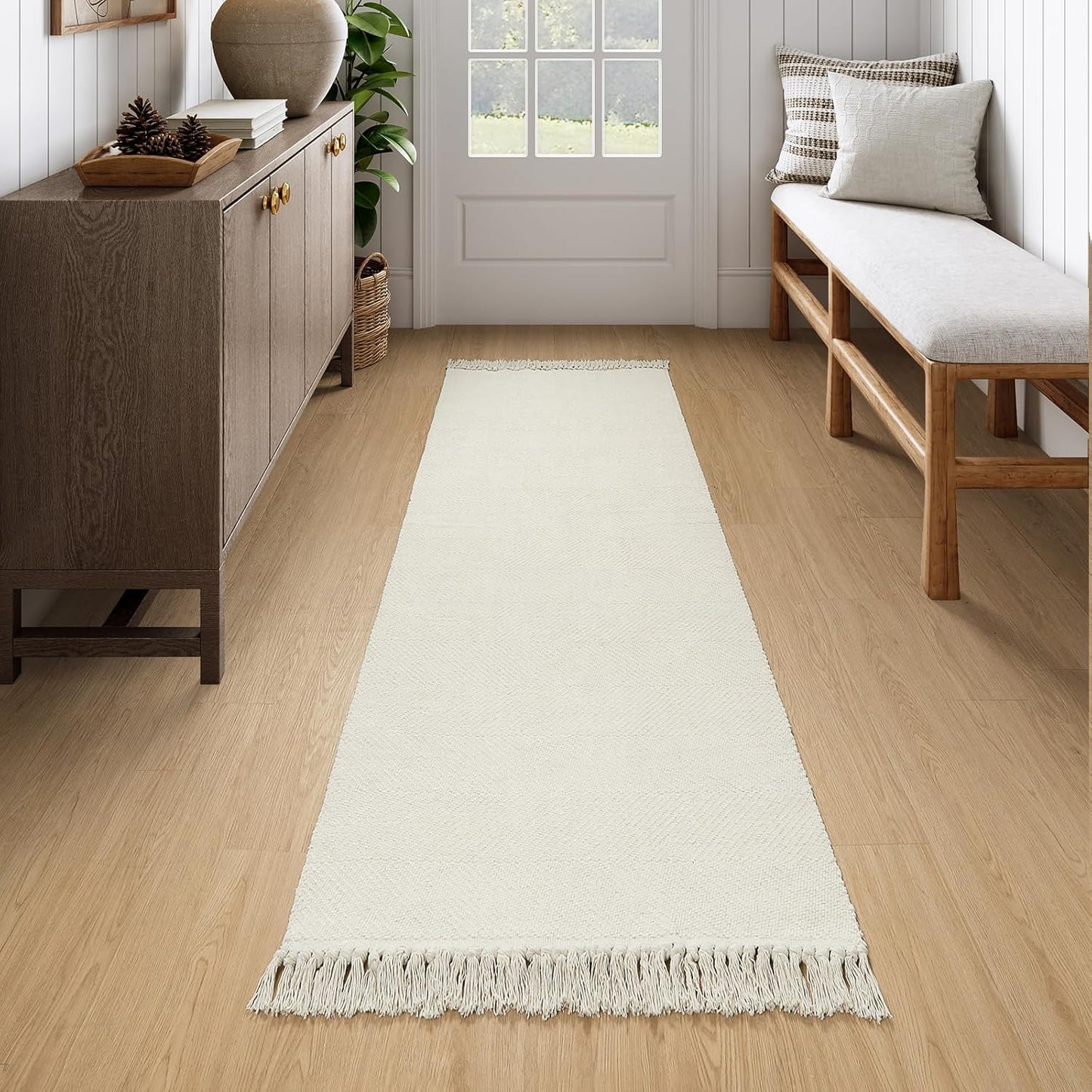 Collive Boho 18 ft Long Runner Rug for Hallway, Washable Kitchen Runner, Cotton Hand-Woven Farmhouse Neutral Carpet Runners, Tan/Cream Low Pile Entryway Floor Runners for Bedroom
