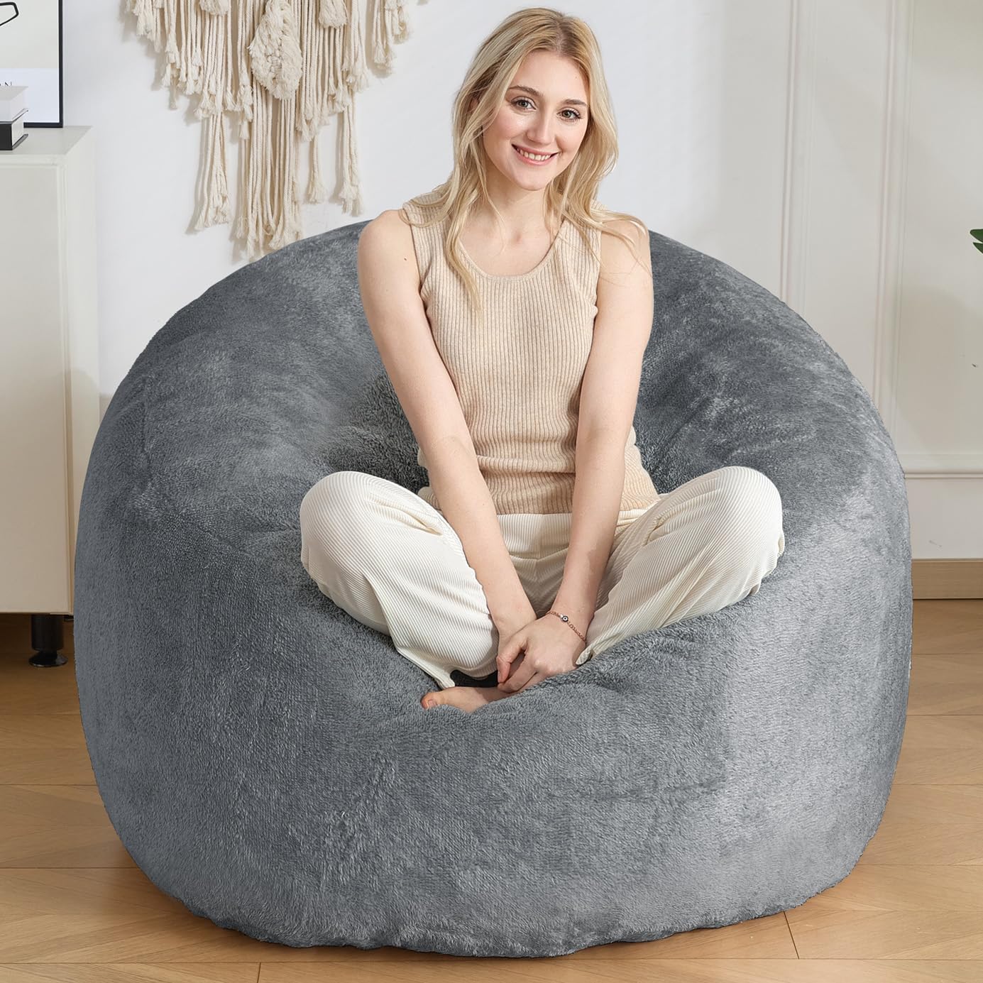 SHOUREN Large Bean Bag Chair,Sherpa Fabric Bean Bag Couch with Backrest,Comfy Bean Bag Sofa for Adults/Teens,Extra Soft Memory Foam Floor Sofa,Dark Grey