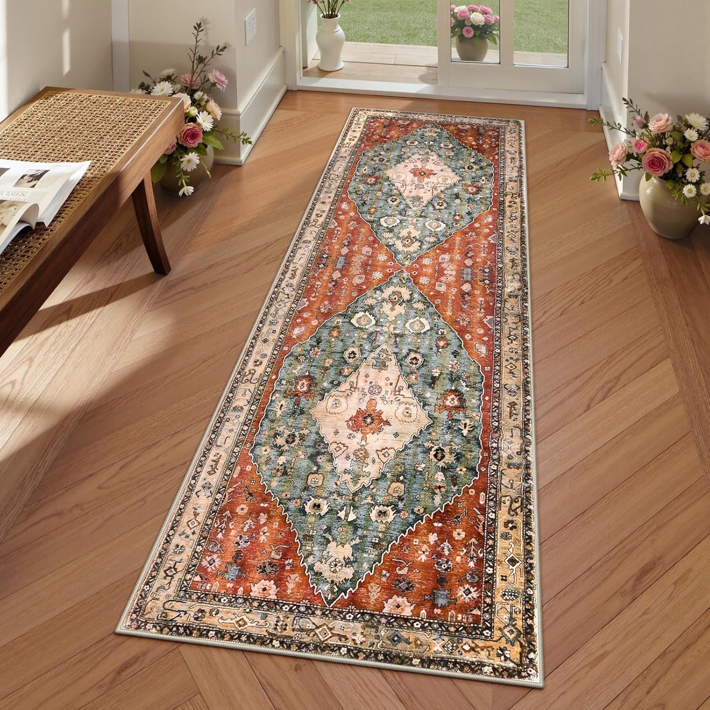 Lahome Boho Tribal 2'6" x 10' Washable Runners for Hallways, Oriental Kitchen Runner Rugs Non Skid Washable, Oriental Soft Long Stair Carpet Runner for Bathroom Living Room Bedroom, Rust/Dull Teal