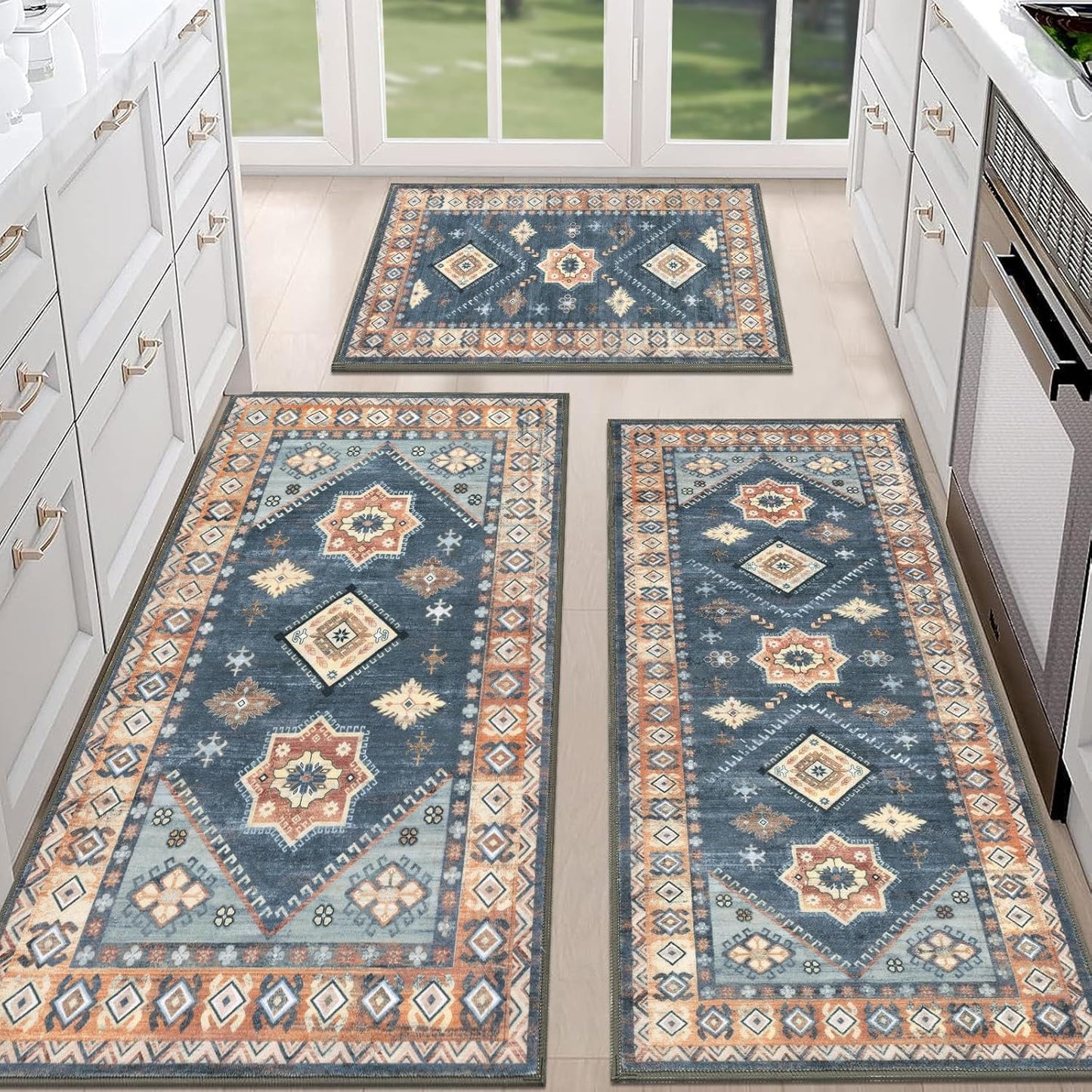 HEBE Boho Kitchen Rug Sets 3 Piece with Runner Non Slip Kitchen Rugs and Mats Washable Kitchen Mats for Floor Thick Kitchen Floor Mat Carpet Runner Rugs for Hallway Laundry Holiday Decor