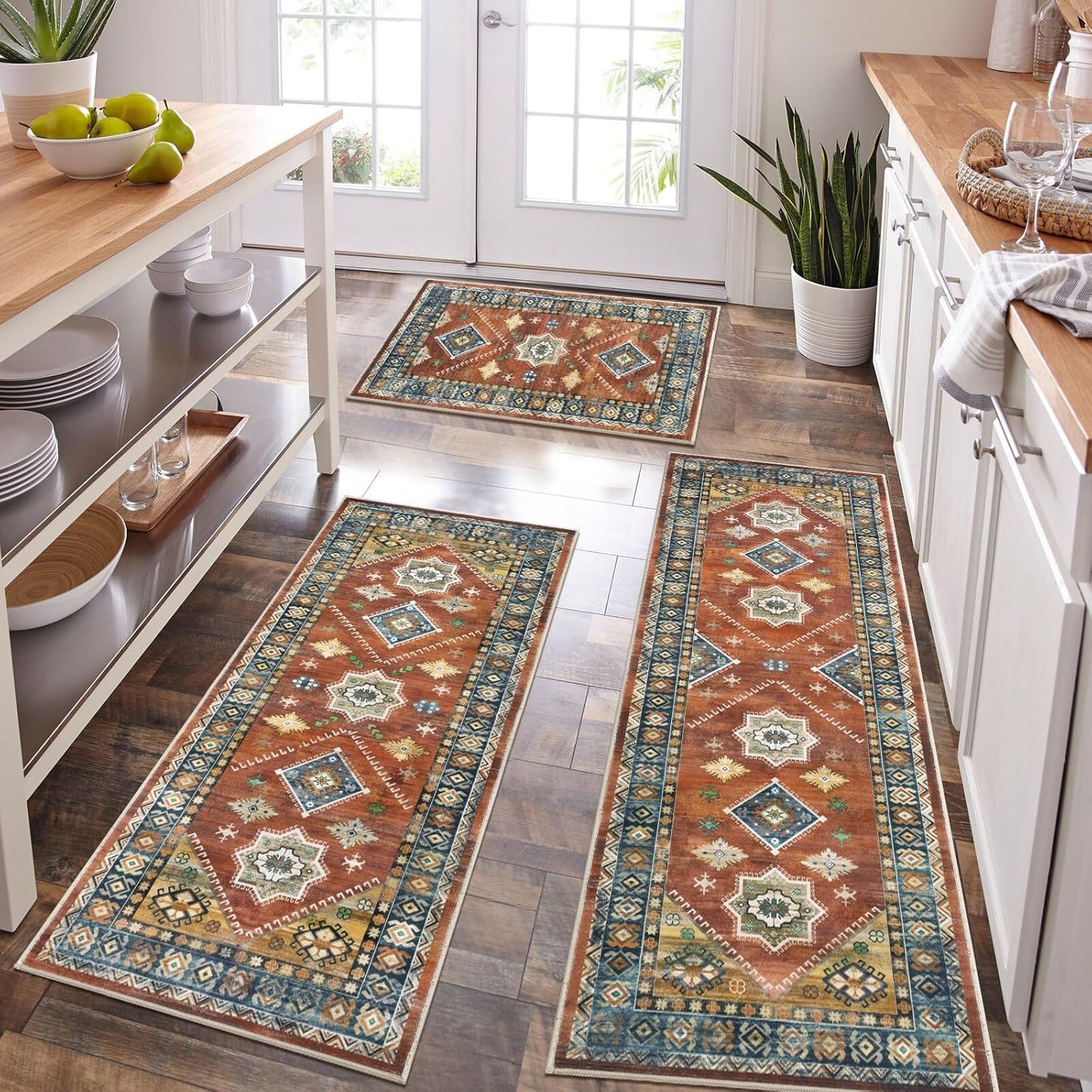 HEBE Boho Kitchen Rug Sets 3 Piece with Runner Non Slip Kitchen Rugs and Mats Washable Kitchen Mats for Floor Thick Kitchen Floor Mat Carpet Runner Rugs for Hallway Laundry Holiday Decor