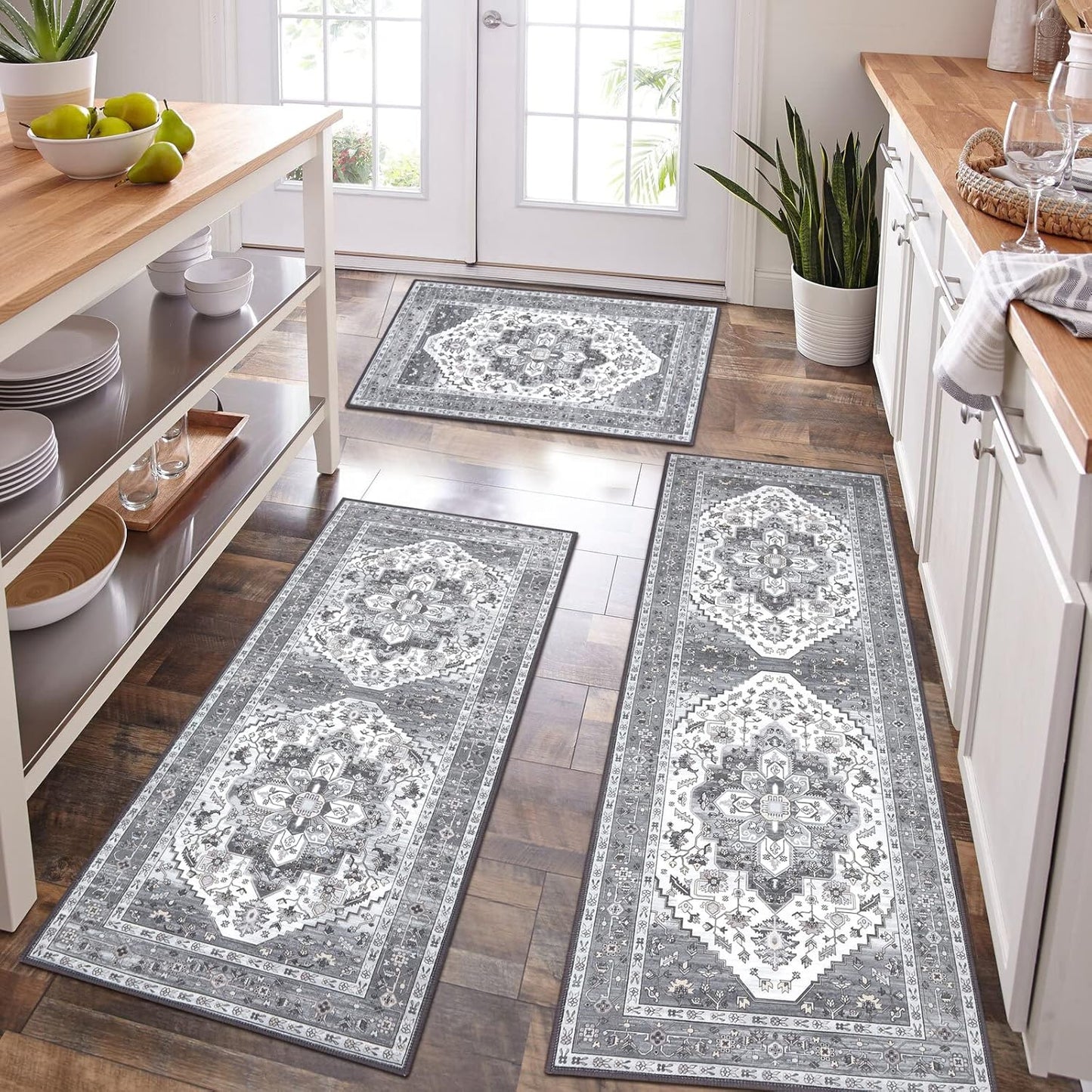 HEBE Boho Kitchen Rug Sets 3 Piece with Runner Non Slip Kitchen Rugs and Mats Washable Kitchen Mats for Floor Thick Kitchen Floor Mat Carpet Runner Rugs for Hallway Laundry Holiday Decor