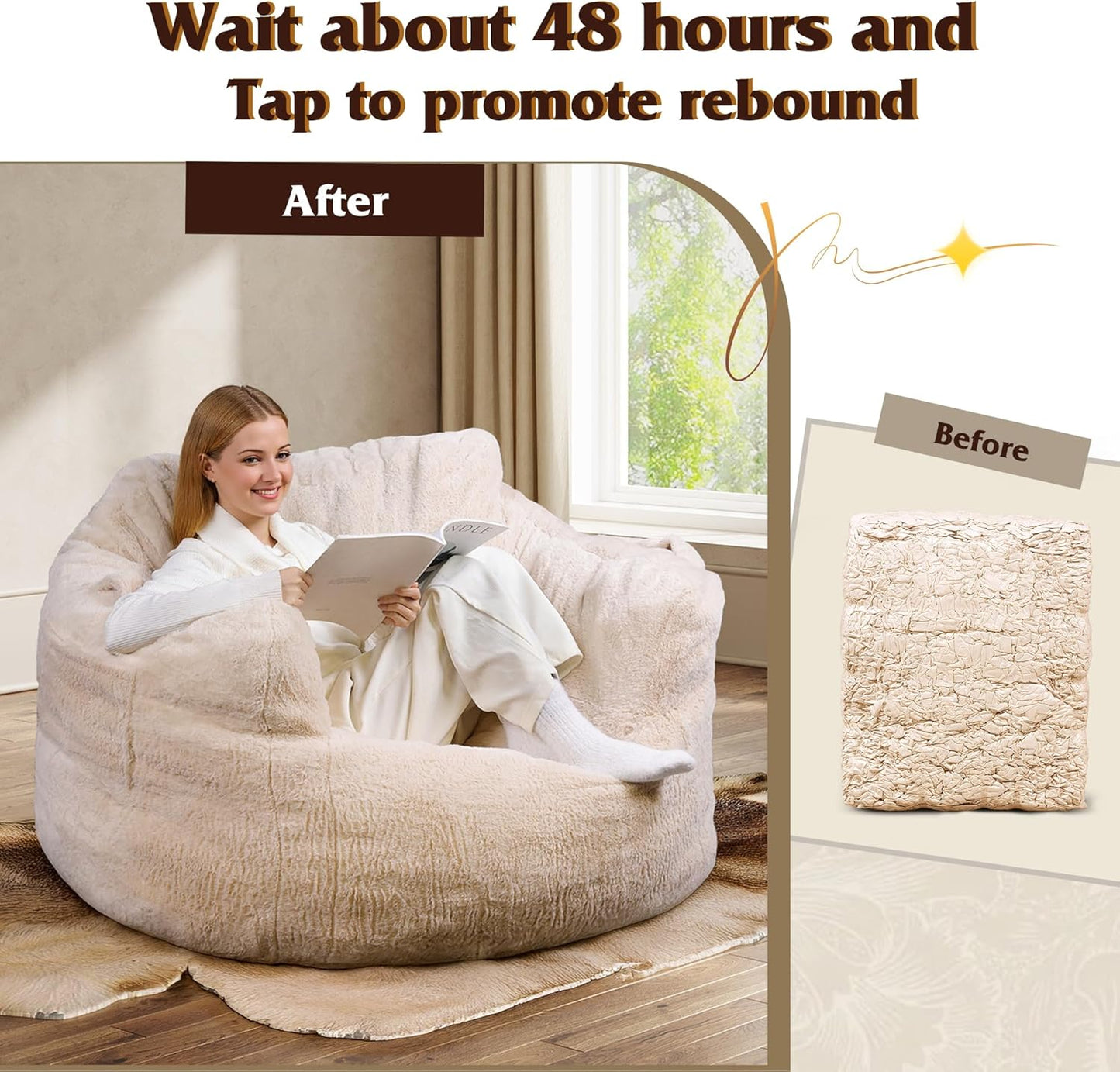 WLIVE Giant Bean Bag Chair, Bean Bag Sofa with Armrests for Adults, Bean Bag Couch with High-Density Memory Foam for Livingroom, Bedroom, Beige