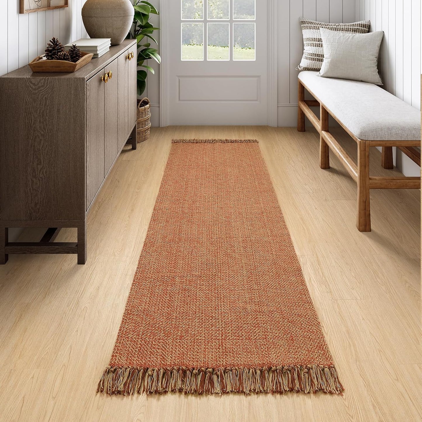 Collive Boho 18 ft Long Runner Rug for Hallway, Washable Kitchen Runner, Cotton Hand-Woven Farmhouse Neutral Carpet Runners, Tan/Cream Low Pile Entryway Floor Runners for Bedroom