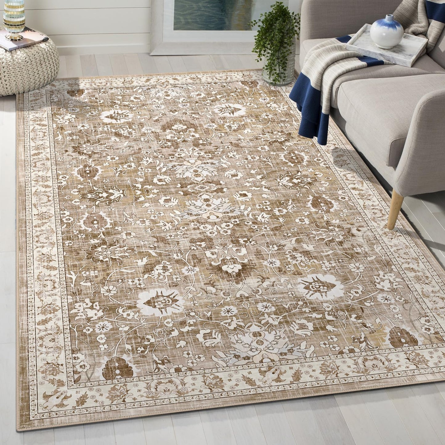 LOKHOM Washable Runner Rug, 2.6x14 Non-Slip Vintage Long Hallway Runner Rugs with Rubber Backing, Boho Soft Distressed Kitchen Rug Floor Carpet Runner for Hallway Laundry Entryway Bedroom(Beige Brown)