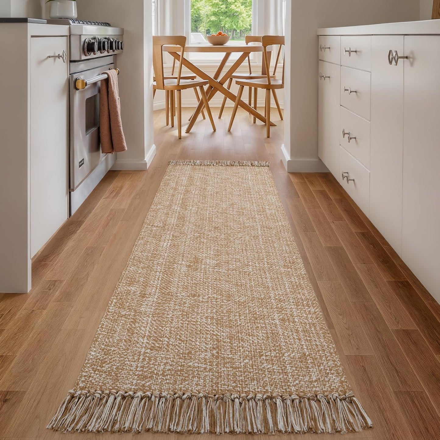 Collive Boho 18 ft Long Runner Rug for Hallway, Washable Kitchen Runner, Cotton Hand-Woven Farmhouse Neutral Carpet Runners, Tan/Cream Low Pile Entryway Floor Runners for Bedroom