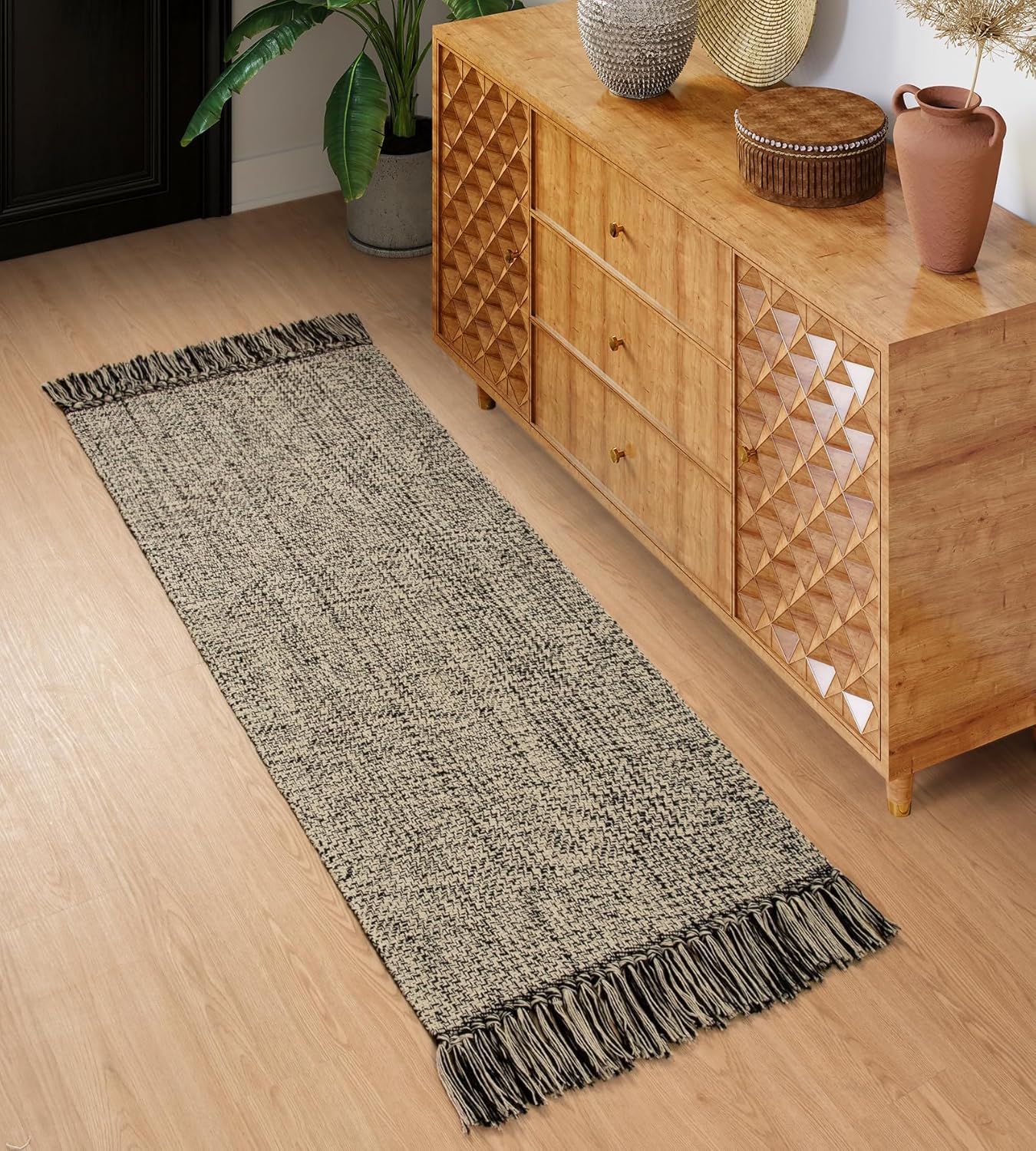 Collive Boho 18 ft Long Runner Rug for Hallway, Washable Kitchen Runner, Cotton Hand-Woven Farmhouse Neutral Carpet Runners, Tan/Cream Low Pile Entryway Floor Runners for Bedroom
