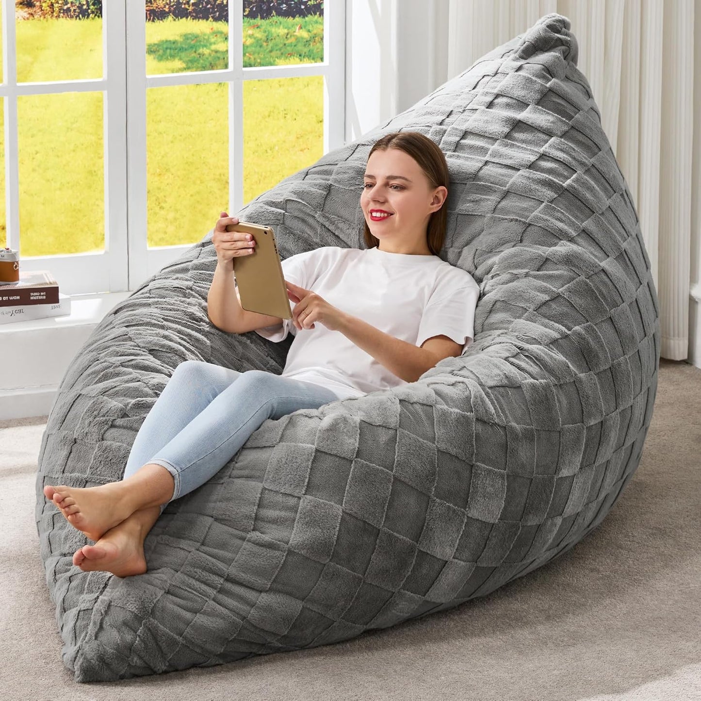 Hobestluk 3 in 1 Bean Bag Chair Giant Bean Bag Chairs Convertible Bean Bag Floor Cushion with Machine Washable Cover, Beanbag Chairs for Adult (Dark Grey)