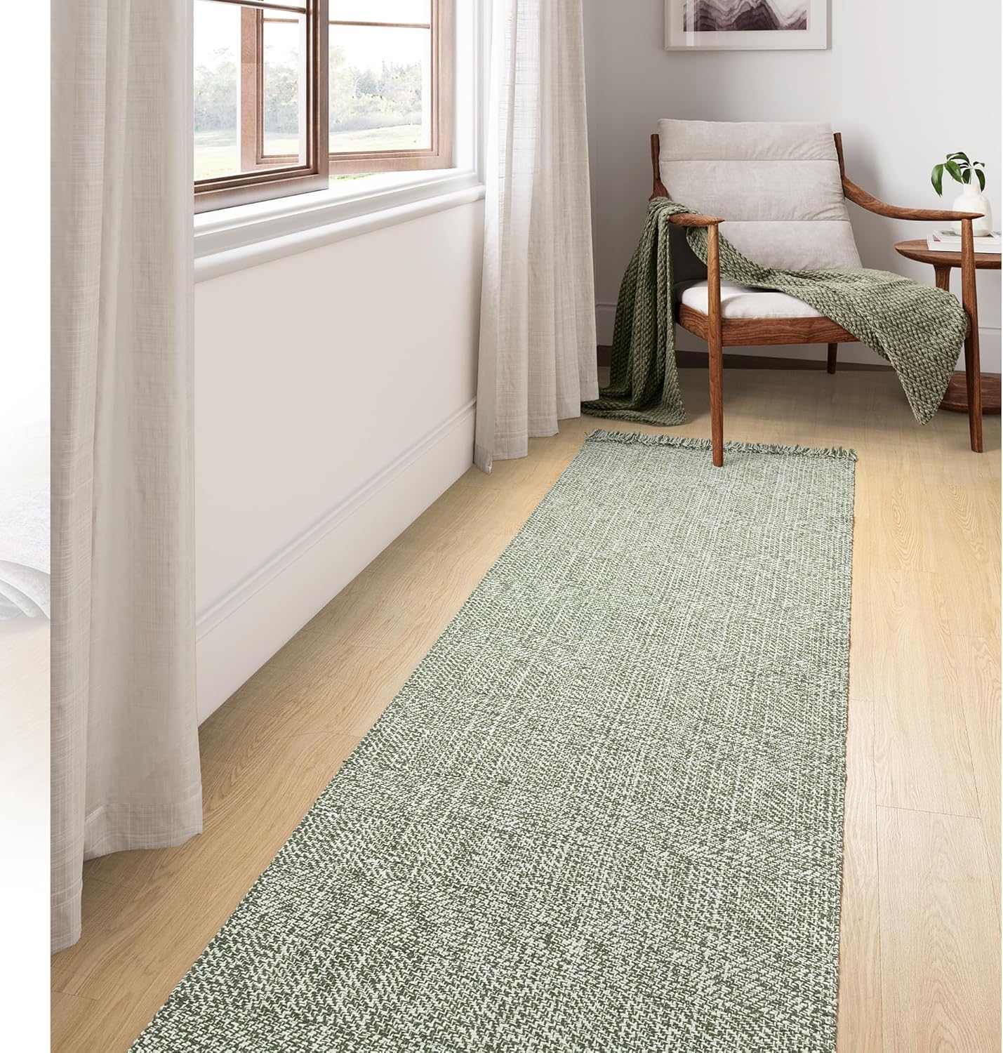 Collive Boho 18 ft Long Runner Rug for Hallway, Washable Kitchen Runner, Cotton Hand-Woven Farmhouse Neutral Carpet Runners, Tan/Cream Low Pile Entryway Floor Runners for Bedroom