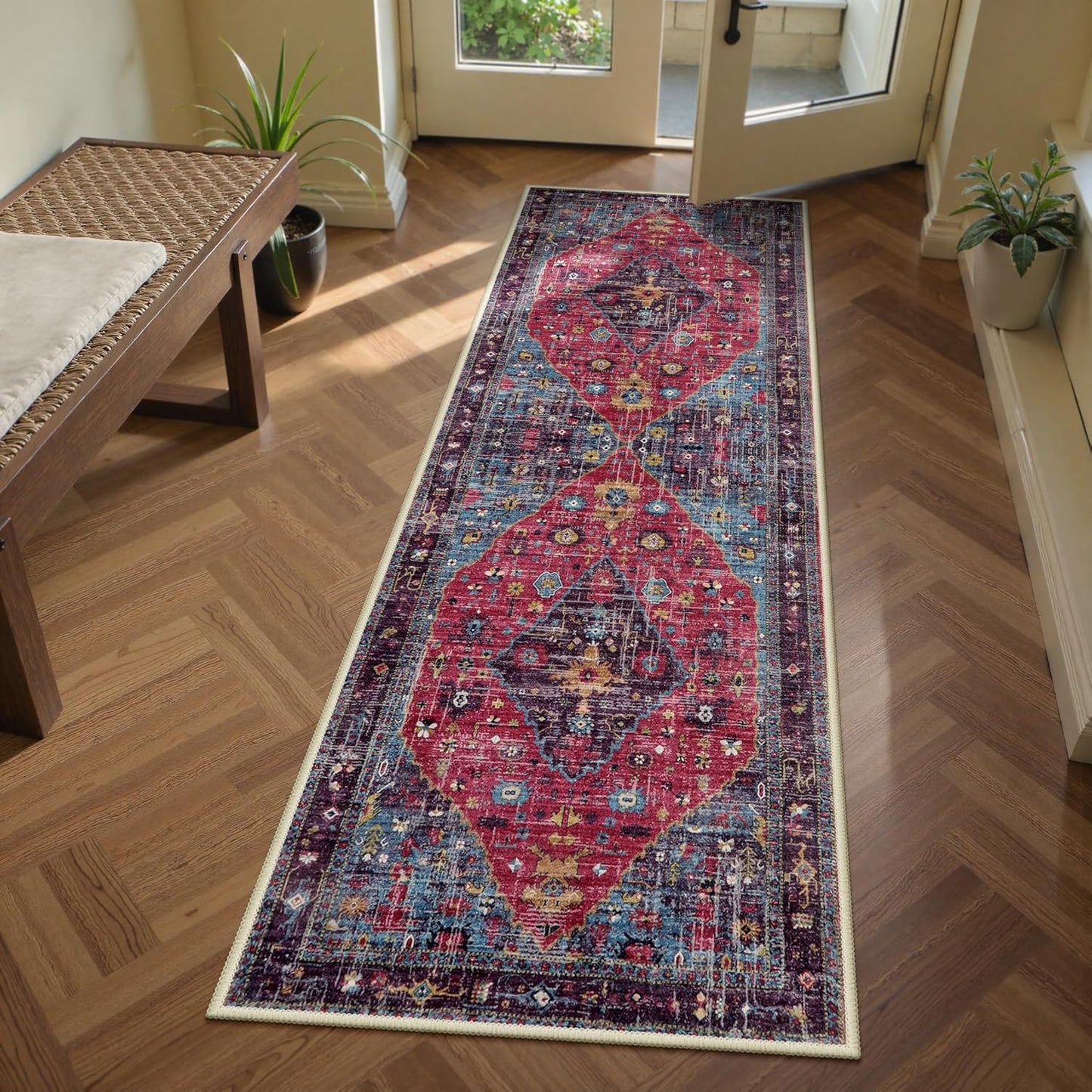 Lahome Boho Tribal 2'6" x 10' Washable Runners for Hallways, Oriental Kitchen Runner Rugs Non Skid Washable, Oriental Soft Long Stair Carpet Runner for Bathroom Living Room Bedroom, Rust/Dull Teal