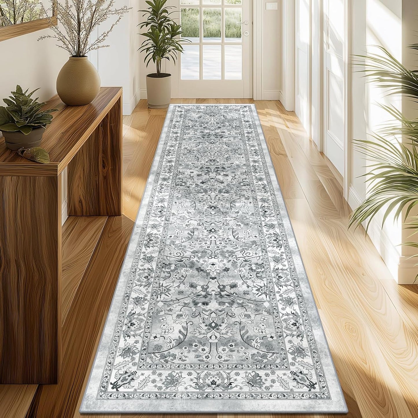 LOKHOM Washable Runner Rug, 2.6x14 Non-Slip Vintage Long Hallway Runner Rugs with Rubber Backing, Boho Soft Distressed Kitchen Rug Floor Carpet Runner for Hallway Laundry Entryway Bedroom(Beige Brown)