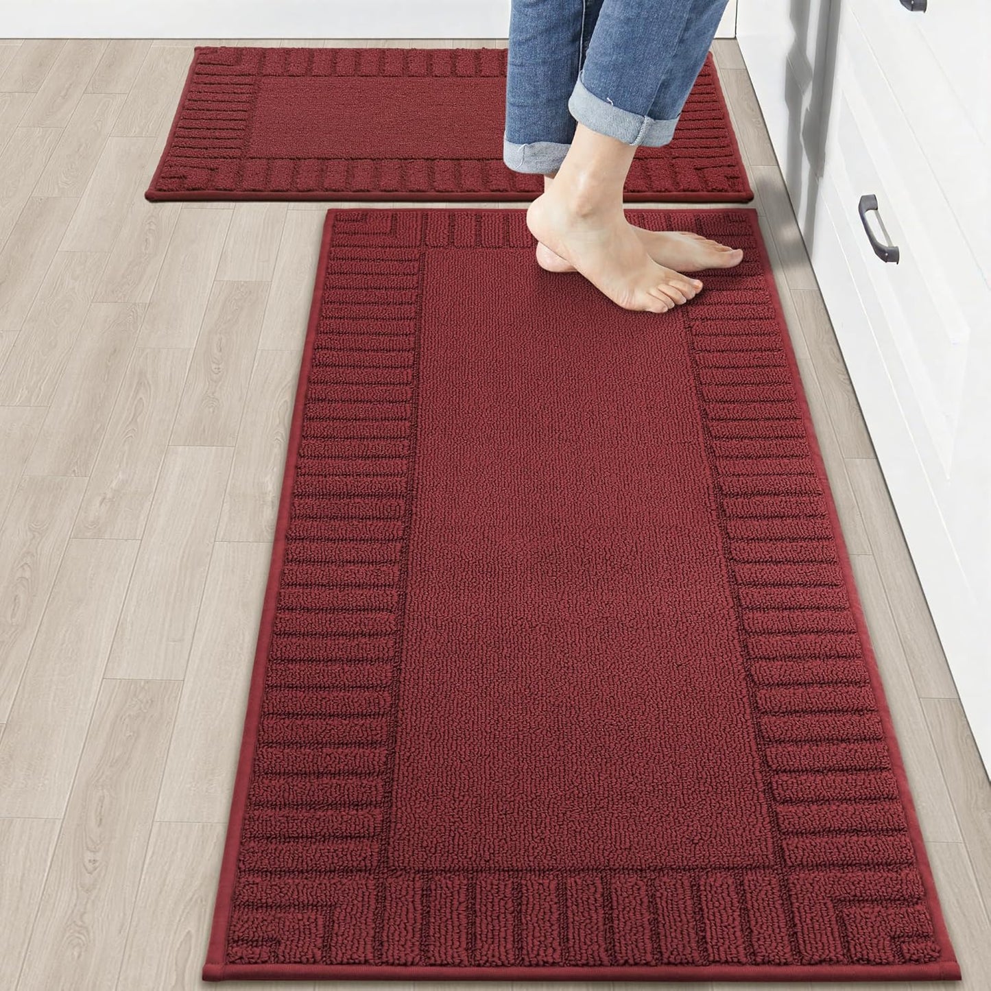 BEQHAUSE-Kitchen-Rugs-Non-Slip-Kitchen-Mats-for-Floor Machine Washable Kitchen Rugs 2 Pieces Kitchen Carpet Runner with TPR Backing,Green,24x35inch/24x60inch