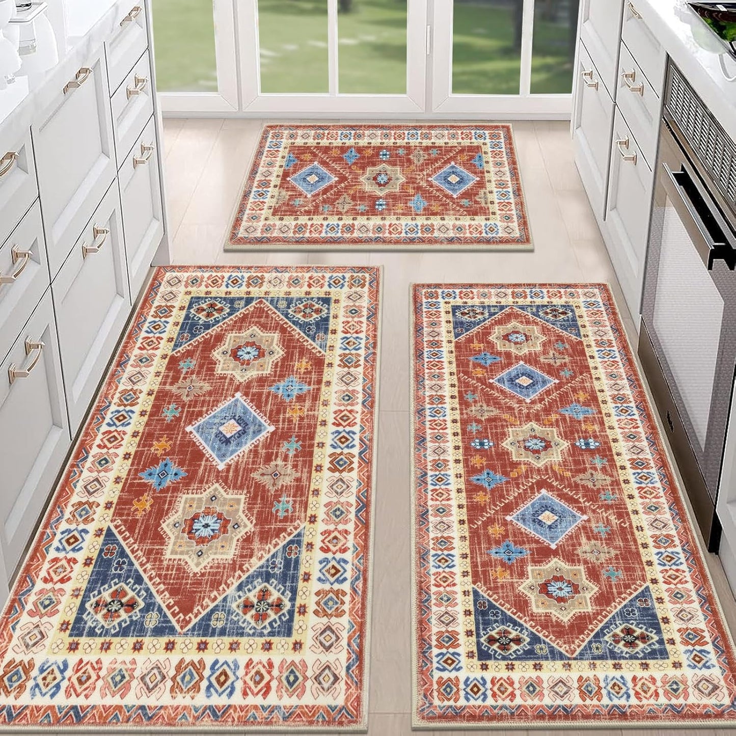HEBE Boho Kitchen Rug Sets 3 Piece with Runner Non Slip Kitchen Rugs and Mats Washable Kitchen Mats for Floor Thick Kitchen Floor Mat Carpet Runner Rugs for Hallway Laundry Holiday Decor