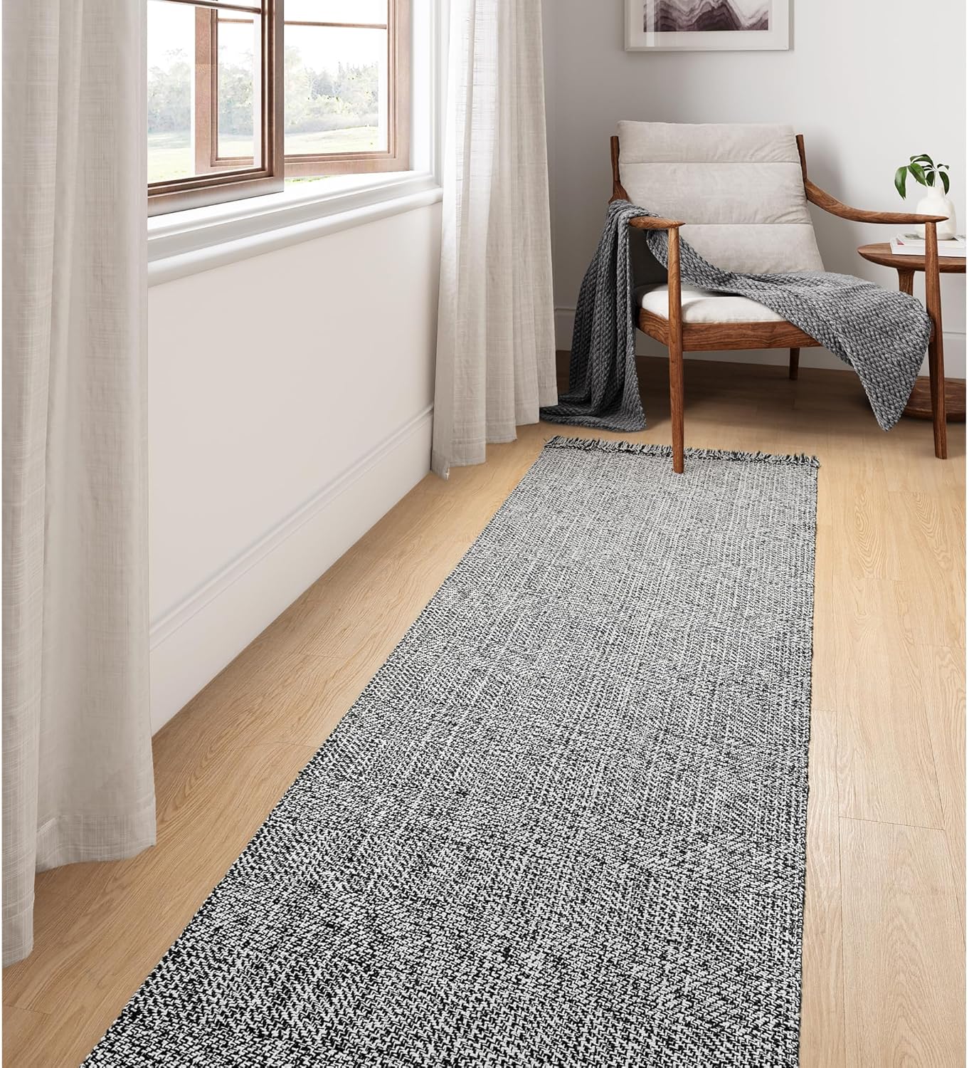 Collive Boho 18 ft Long Runner Rug for Hallway, Washable Kitchen Runner, Cotton Hand-Woven Farmhouse Neutral Carpet Runners, Tan/Cream Low Pile Entryway Floor Runners for Bedroom