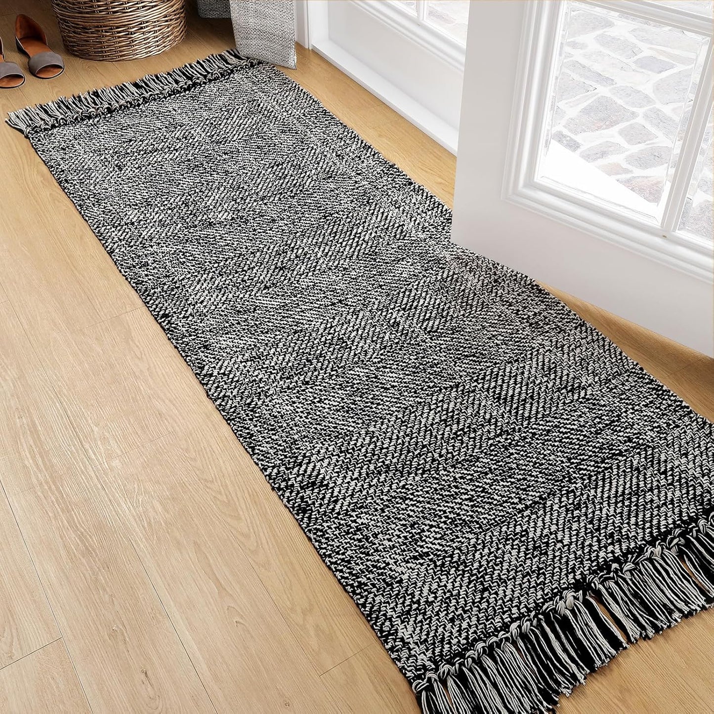 Collive Boho 18 ft Long Runner Rug for Hallway, Washable Kitchen Runner, Cotton Hand-Woven Farmhouse Neutral Carpet Runners, Tan/Cream Low Pile Entryway Floor Runners for Bedroom