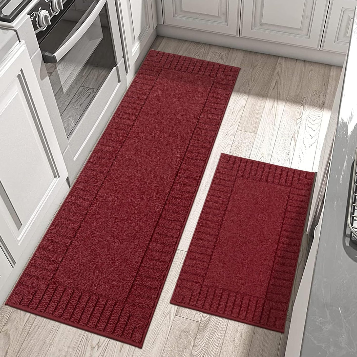 BEQHAUSE-Kitchen-Rugs-Non-Slip-Kitchen-Mats-for-Floor Machine Washable Kitchen Rugs 2 Pieces Kitchen Carpet Runner with TPR Backing,Green,24x35inch/24x60inch
