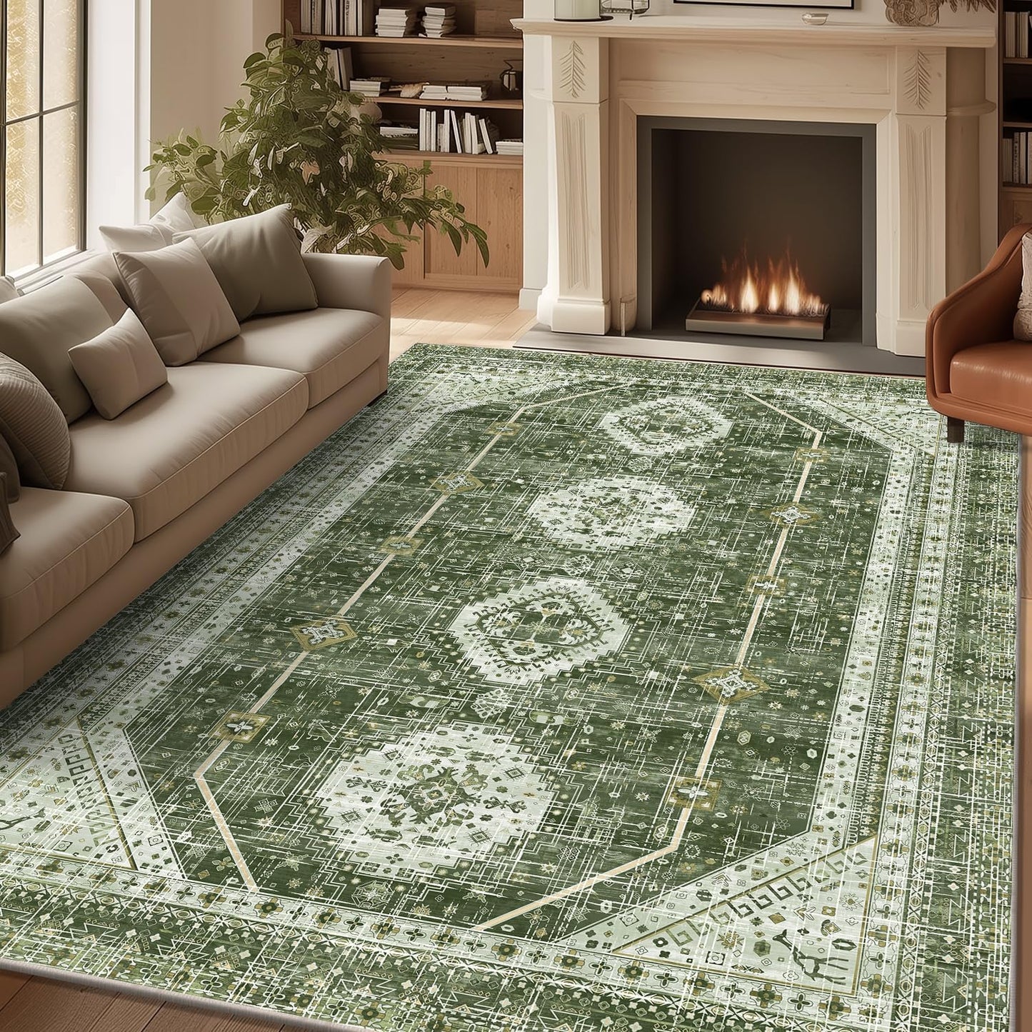 LOKHOM Washable Runner Rug, 2.6x14 Non-Slip Vintage Long Hallway Runner Rugs with Rubber Backing, Boho Soft Distressed Kitchen Rug Floor Carpet Runner for Hallway Laundry Entryway Bedroom(Beige Brown)