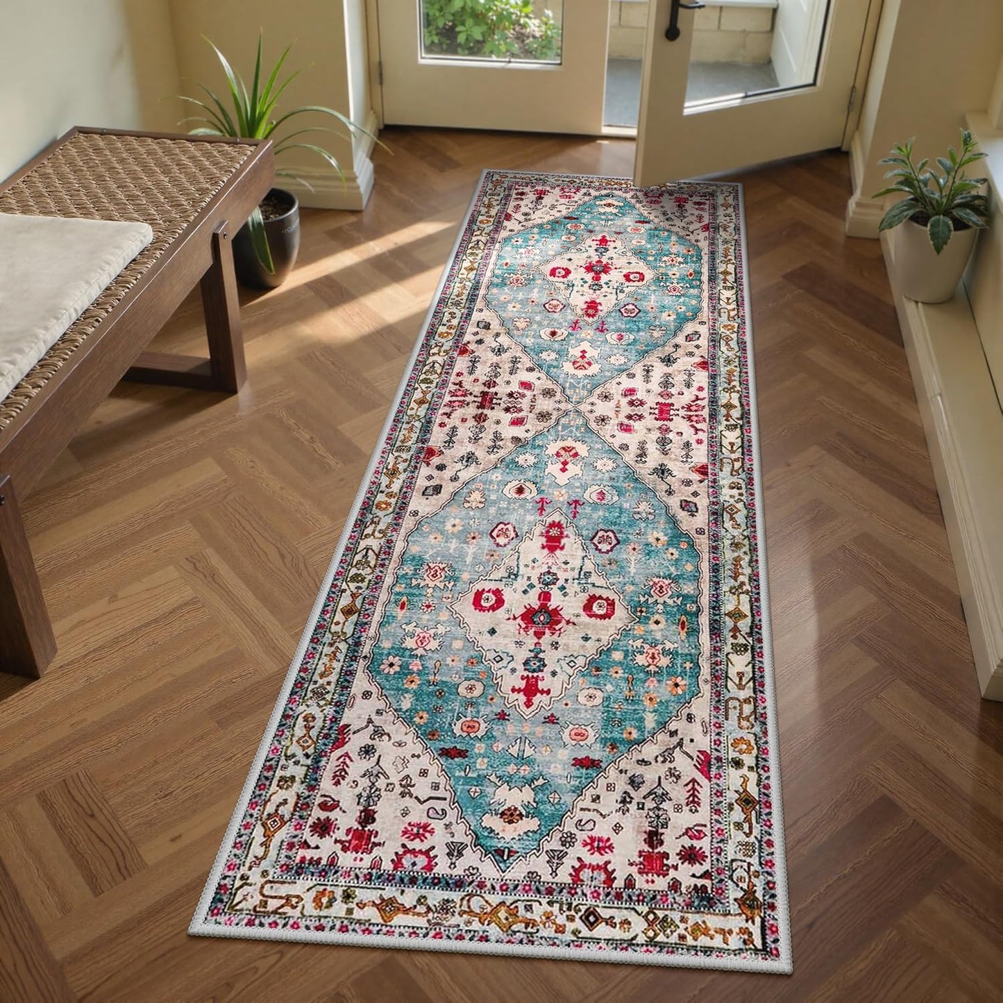 Lahome Boho Tribal 2'6" x 10' Washable Runners for Hallways, Oriental Kitchen Runner Rugs Non Skid Washable, Oriental Soft Long Stair Carpet Runner for Bathroom Living Room Bedroom, Rust/Dull Teal