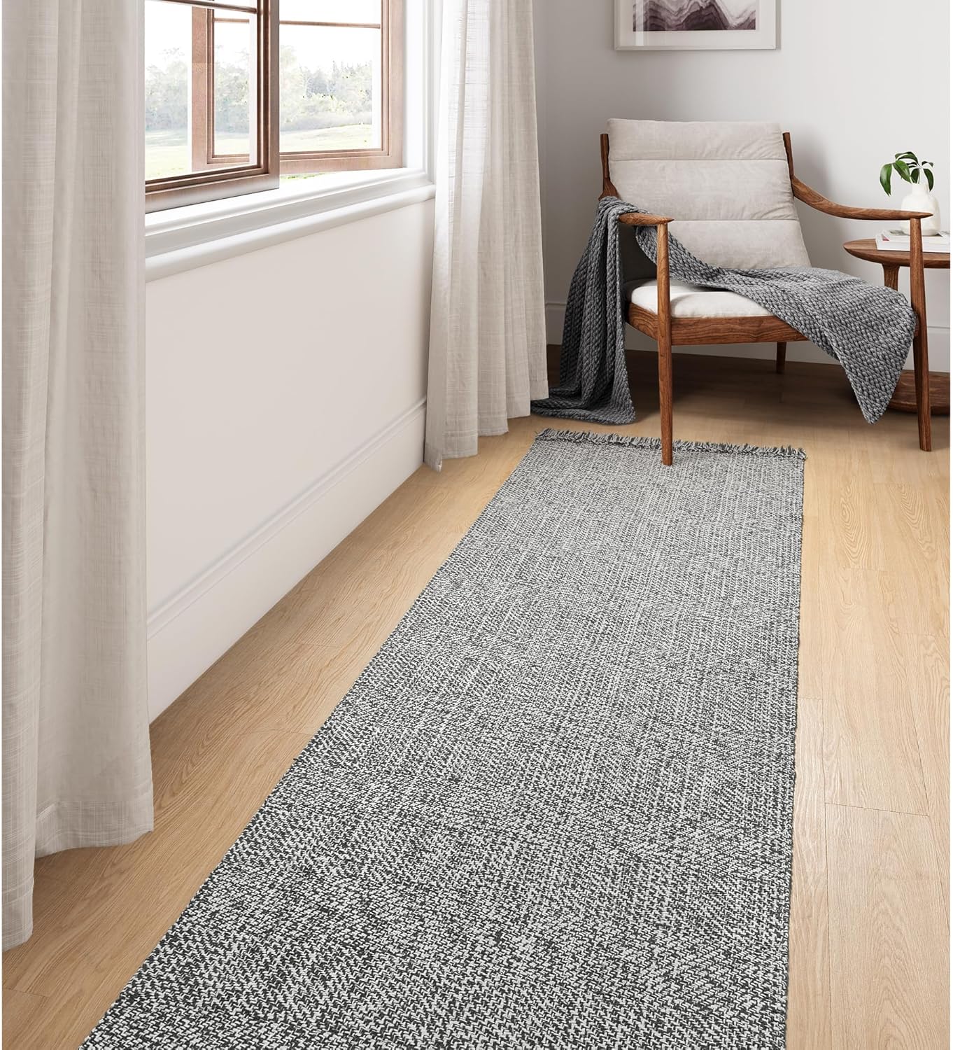 Collive Boho 18 ft Long Runner Rug for Hallway, Washable Kitchen Runner, Cotton Hand-Woven Farmhouse Neutral Carpet Runners, Tan/Cream Low Pile Entryway Floor Runners for Bedroom