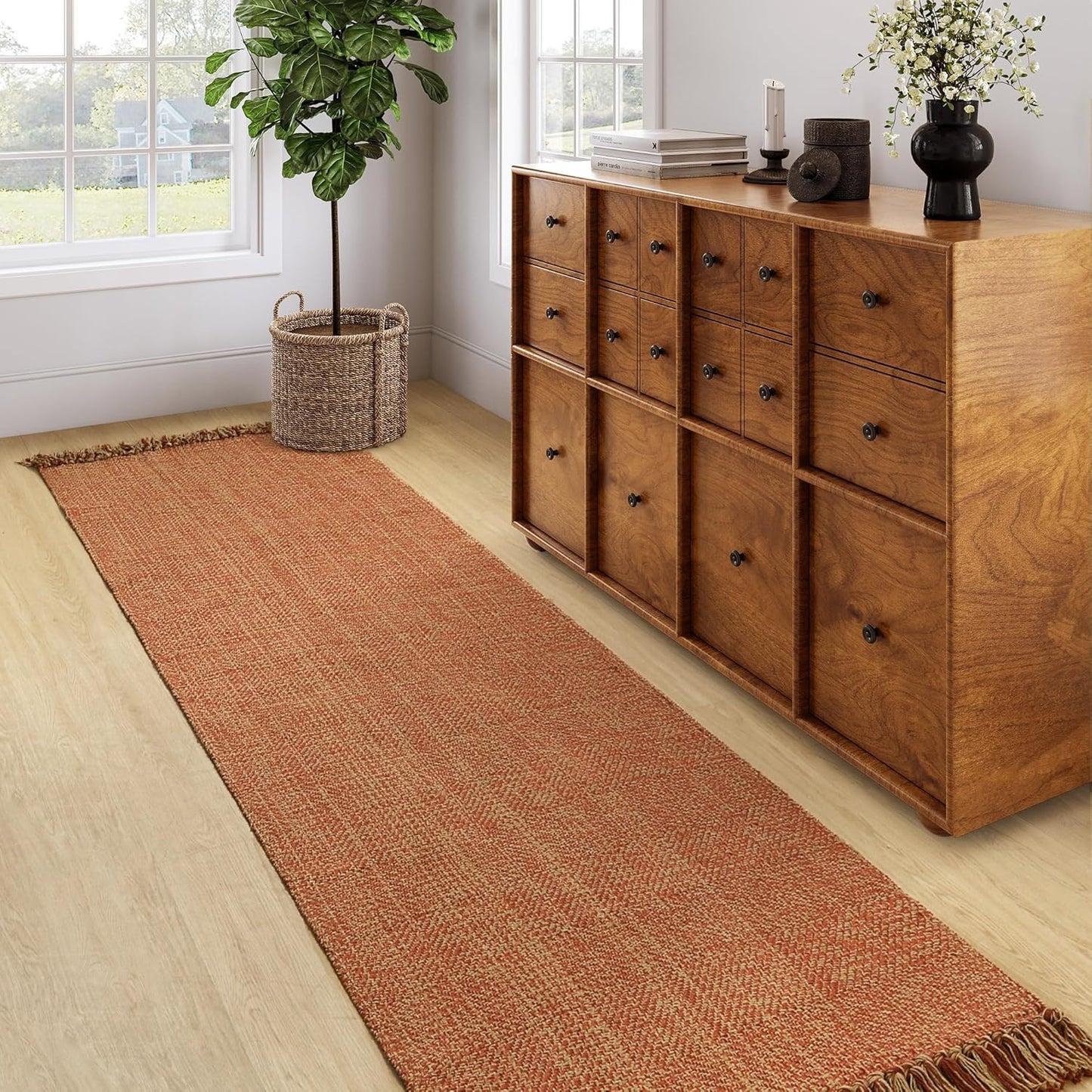 Collive Boho 18 ft Long Runner Rug for Hallway, Washable Kitchen Runner, Cotton Hand-Woven Farmhouse Neutral Carpet Runners, Tan/Cream Low Pile Entryway Floor Runners for Bedroom