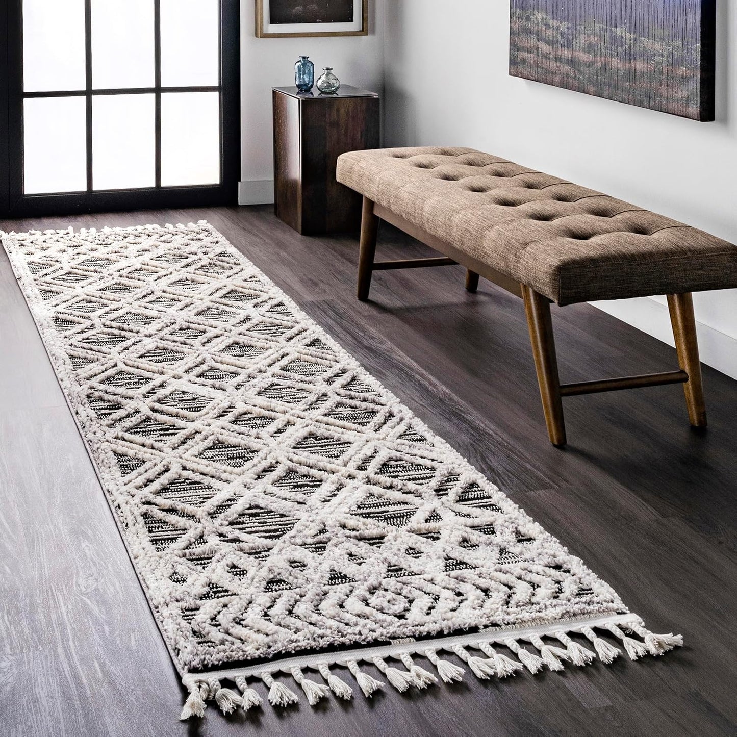 nuLOOM 2'6" x 8' Ansley Moroccan Tassel Area Rug, Light Grey, High-Low Textured Bohemian Design, Plush High Pile, Stain Resistant, For Bedroom, Living Room, Hallway, Entryway