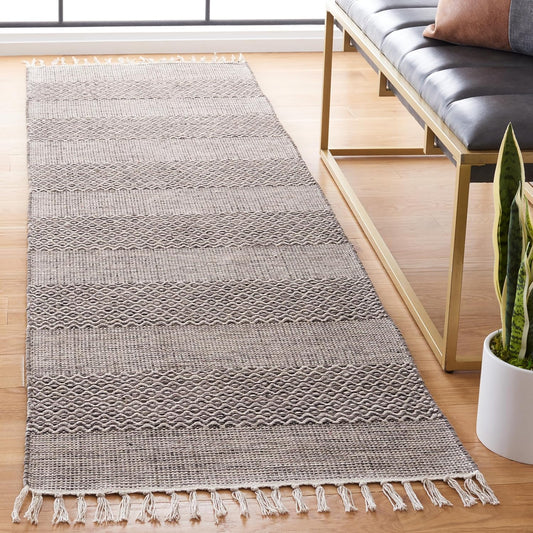 SAFAVIEH Montauk Collection Runner Rug - 2'3" x 14', Ivory & Anthracite, Handmade Flat Weave Boho Farmhouse Cotton Tassel Fringe, Ideal for High Traffic Areas in Living Room, Bedroom (MTK330N)