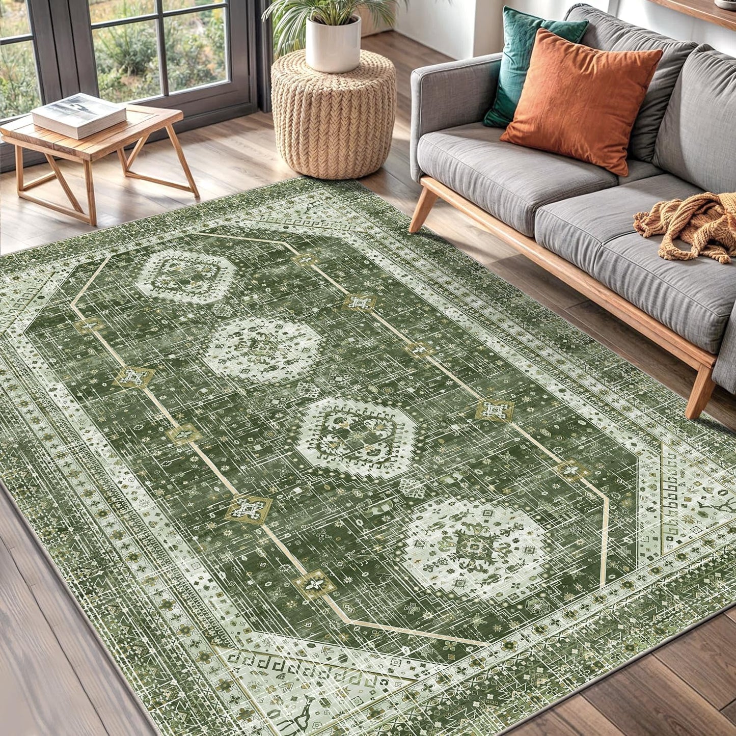 LOKHOM Washable Runner Rug, 2.6x14 Non-Slip Vintage Long Hallway Runner Rugs with Rubber Backing, Boho Soft Distressed Kitchen Rug Floor Carpet Runner for Hallway Laundry Entryway Bedroom(Beige Brown)