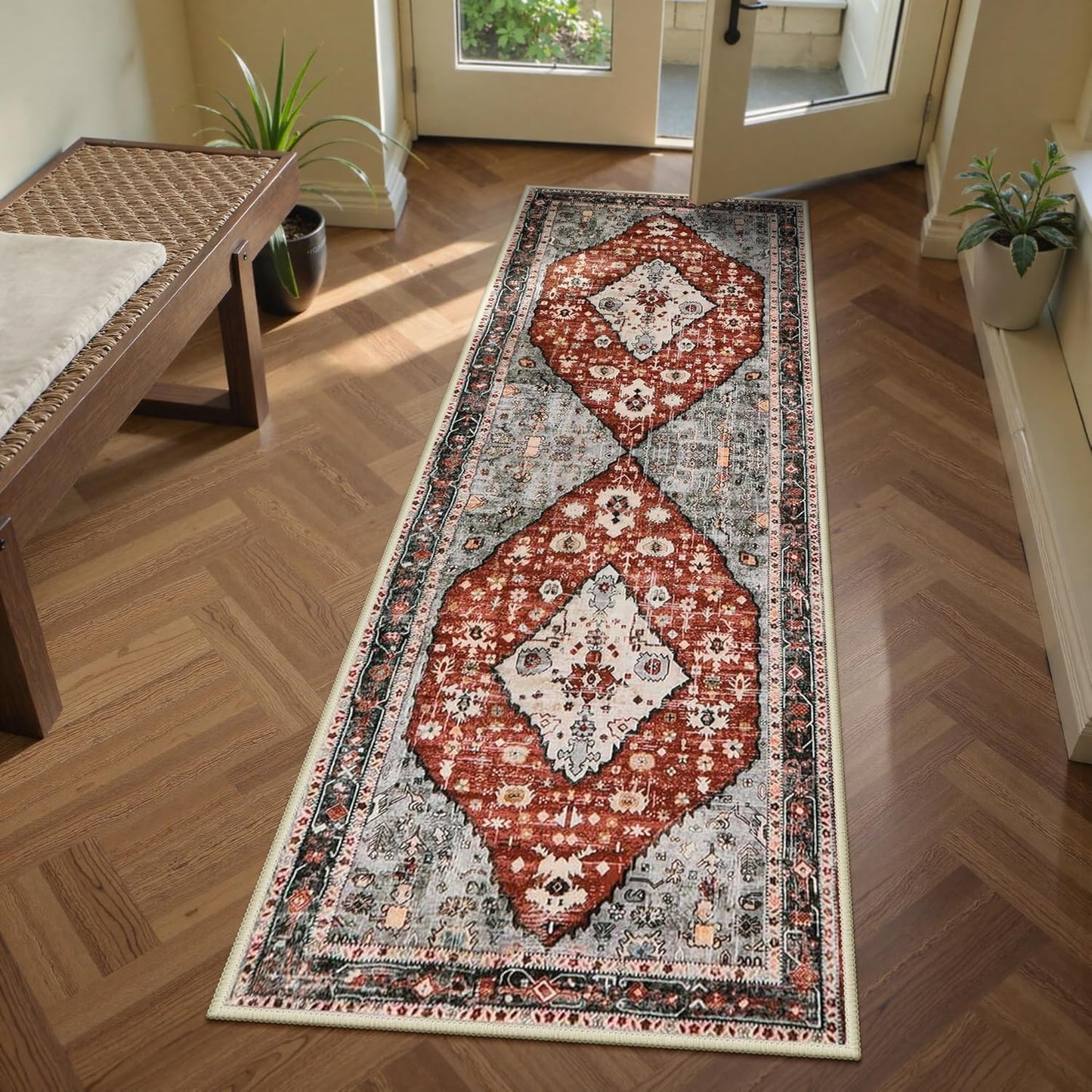 Lahome Boho Tribal 2'6" x 10' Washable Runners for Hallways, Oriental Kitchen Runner Rugs Non Skid Washable, Oriental Soft Long Stair Carpet Runner for Bathroom Living Room Bedroom, Rust/Dull Teal