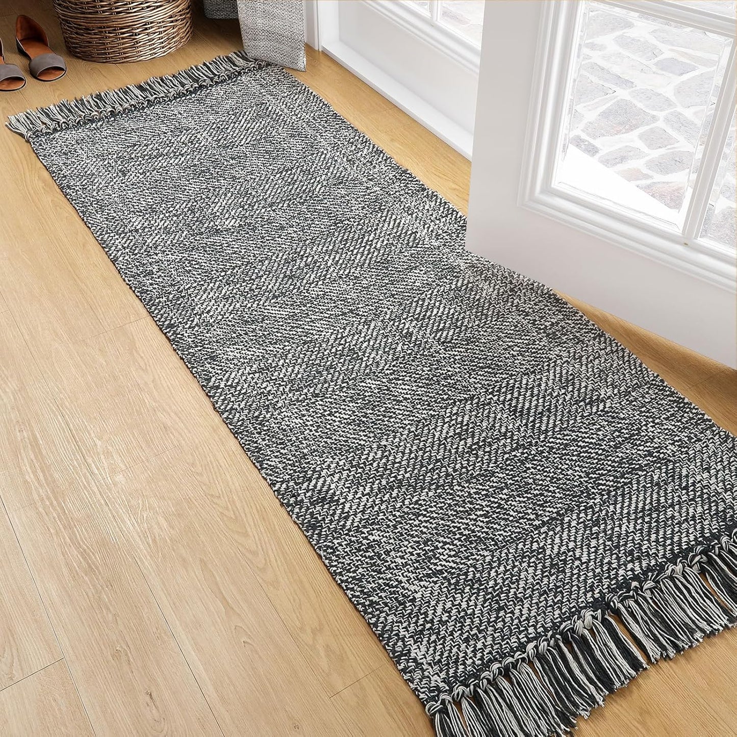 Collive Boho 18 ft Long Runner Rug for Hallway, Washable Kitchen Runner, Cotton Hand-Woven Farmhouse Neutral Carpet Runners, Tan/Cream Low Pile Entryway Floor Runners for Bedroom