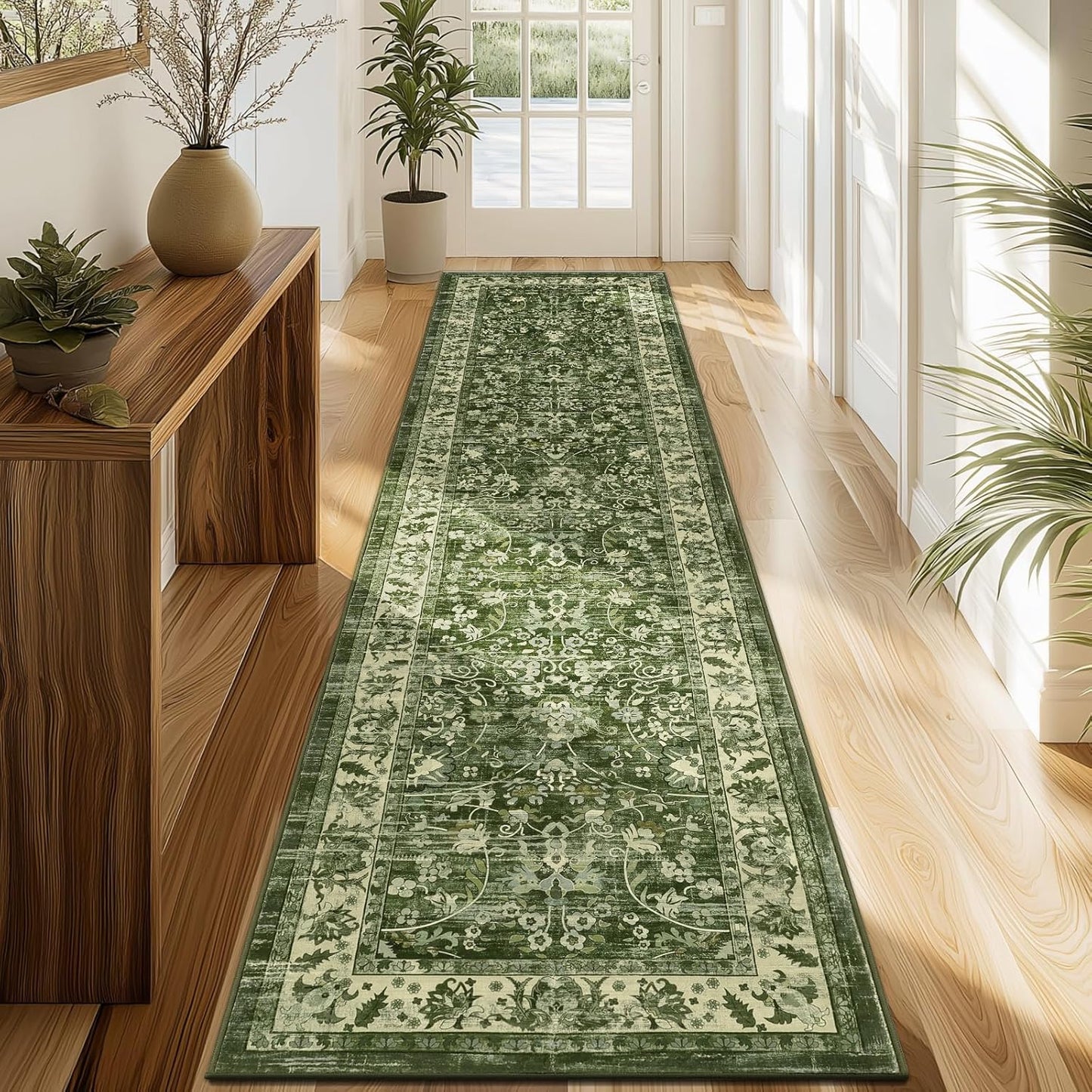 LOKHOM Washable Runner Rug, 2.6x14 Non-Slip Vintage Long Hallway Runner Rugs with Rubber Backing, Boho Soft Distressed Kitchen Rug Floor Carpet Runner for Hallway Laundry Entryway Bedroom(Beige Brown)