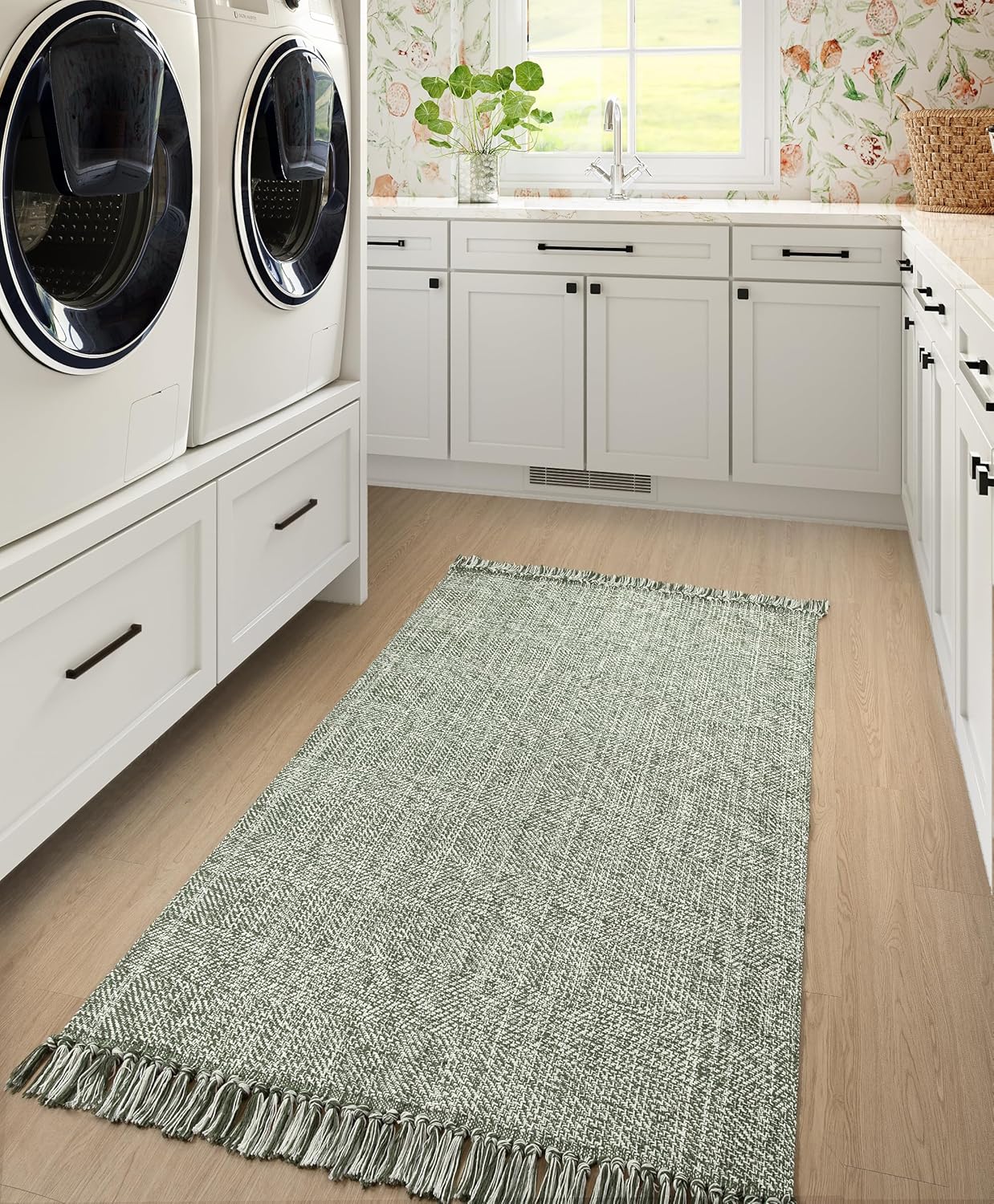 Collive Boho 18 ft Long Runner Rug for Hallway, Washable Kitchen Runner, Cotton Hand-Woven Farmhouse Neutral Carpet Runners, Tan/Cream Low Pile Entryway Floor Runners for Bedroom