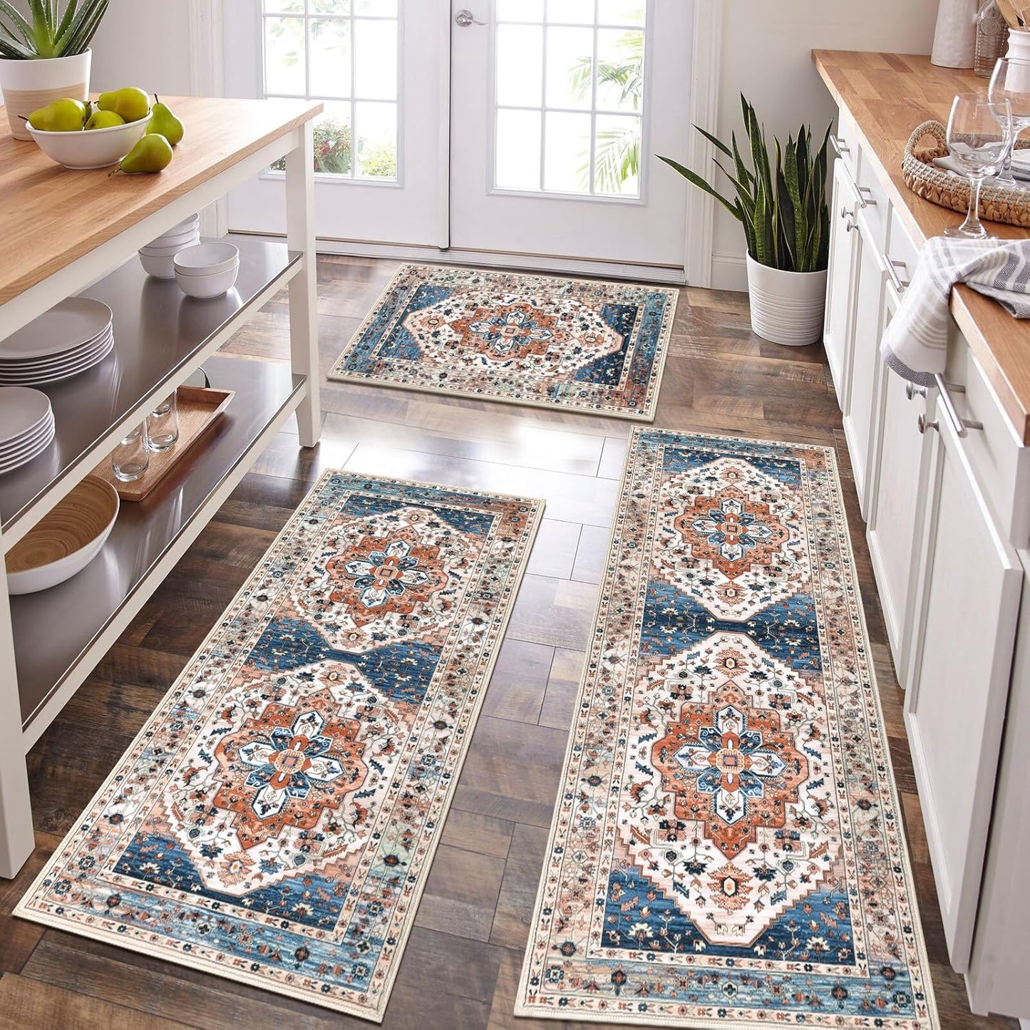 HEBE Boho Kitchen Rug Sets 3 Piece with Runner Non Slip Kitchen Rugs and Mats Washable Kitchen Mats for Floor Thick Kitchen Floor Mat Carpet Runner Rugs for Hallway Laundry Holiday Decor