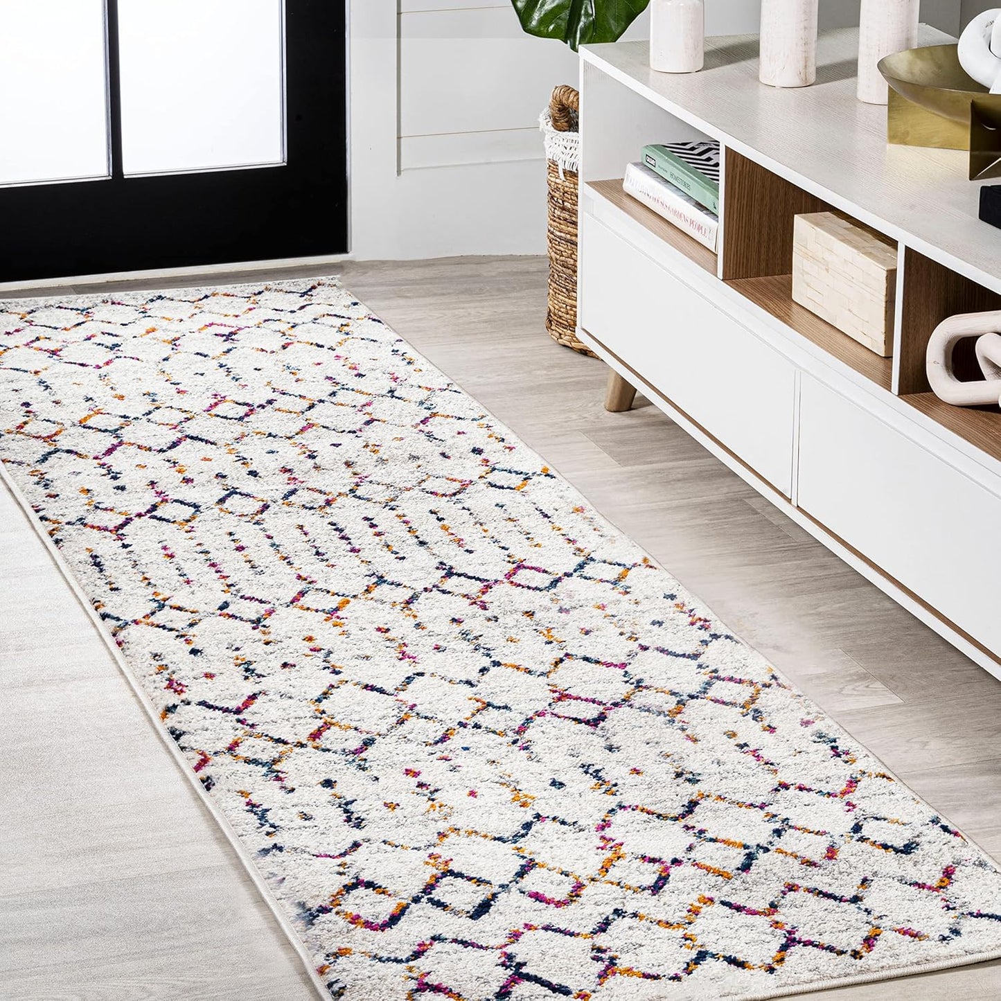 JONATHAN Y Boho Vintage Diamond Cream/Gray Runner Rug 2X20 ft, Moroccan Hype for Living Room, Bedroom, Kitchen, Office, Easy-Cleaning, High Traffic, Pet-Friendly, Non-Shedding (MOH101B-220)
