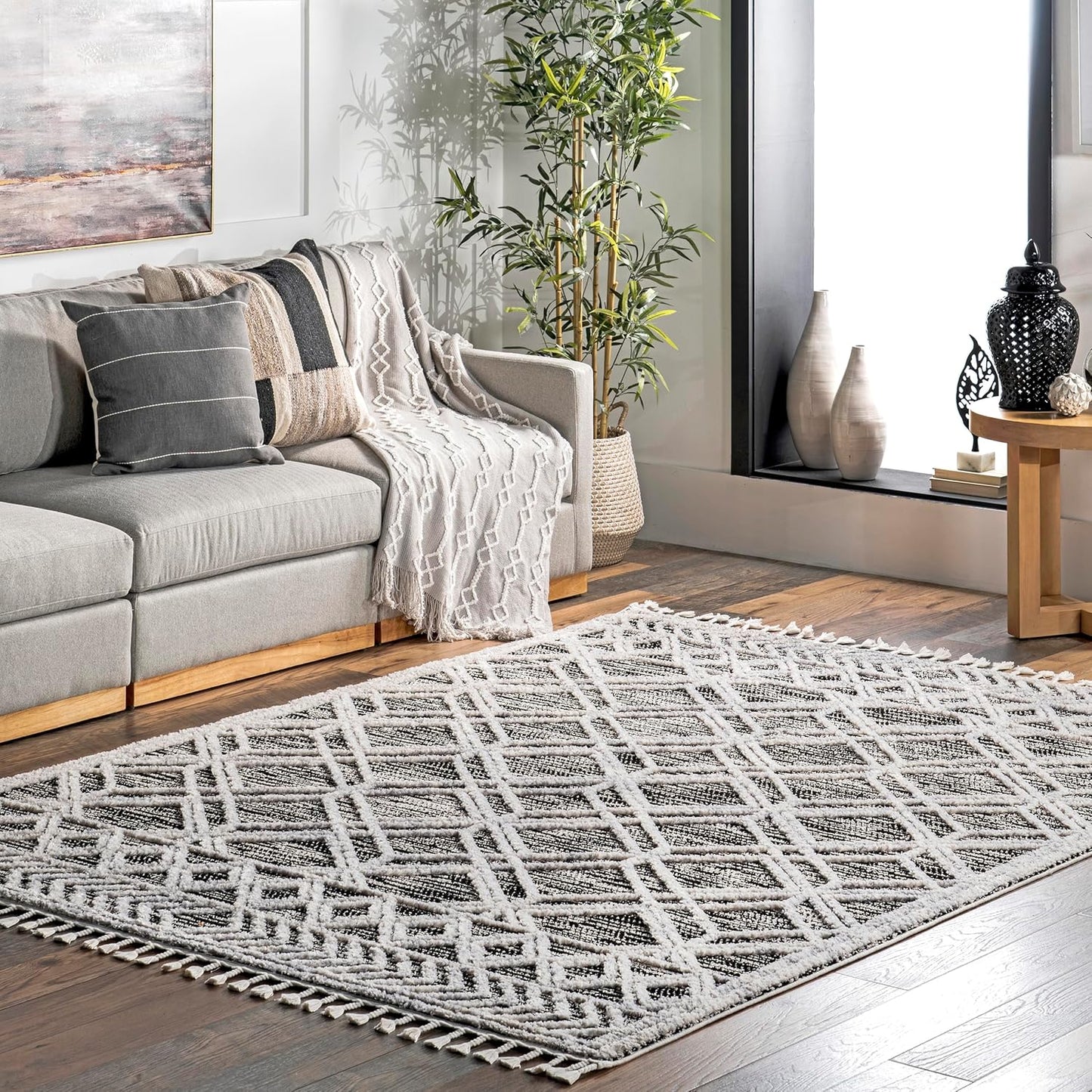 nuLOOM 2'6" x 8' Ansley Moroccan Tassel Area Rug, Light Grey, High-Low Textured Bohemian Design, Plush High Pile, Stain Resistant, For Bedroom, Living Room, Hallway, Entryway