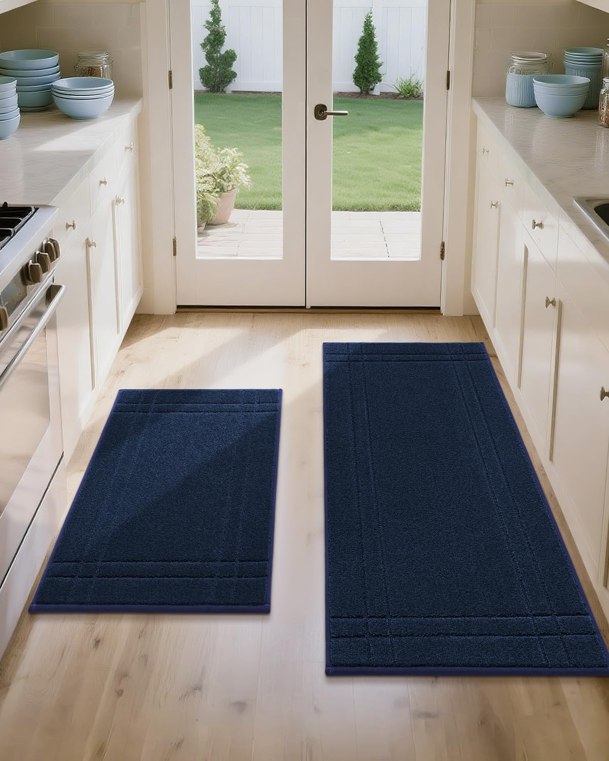 JSEI Kitchen Mats for Floor, Non-Slip Kitchen Rugs, Soft Washable Absorbent Kitchen Mats 2 PCS, Kitchen Runner Rug with TPR Backing, Polyester, 24"x36"+24"x60", Black