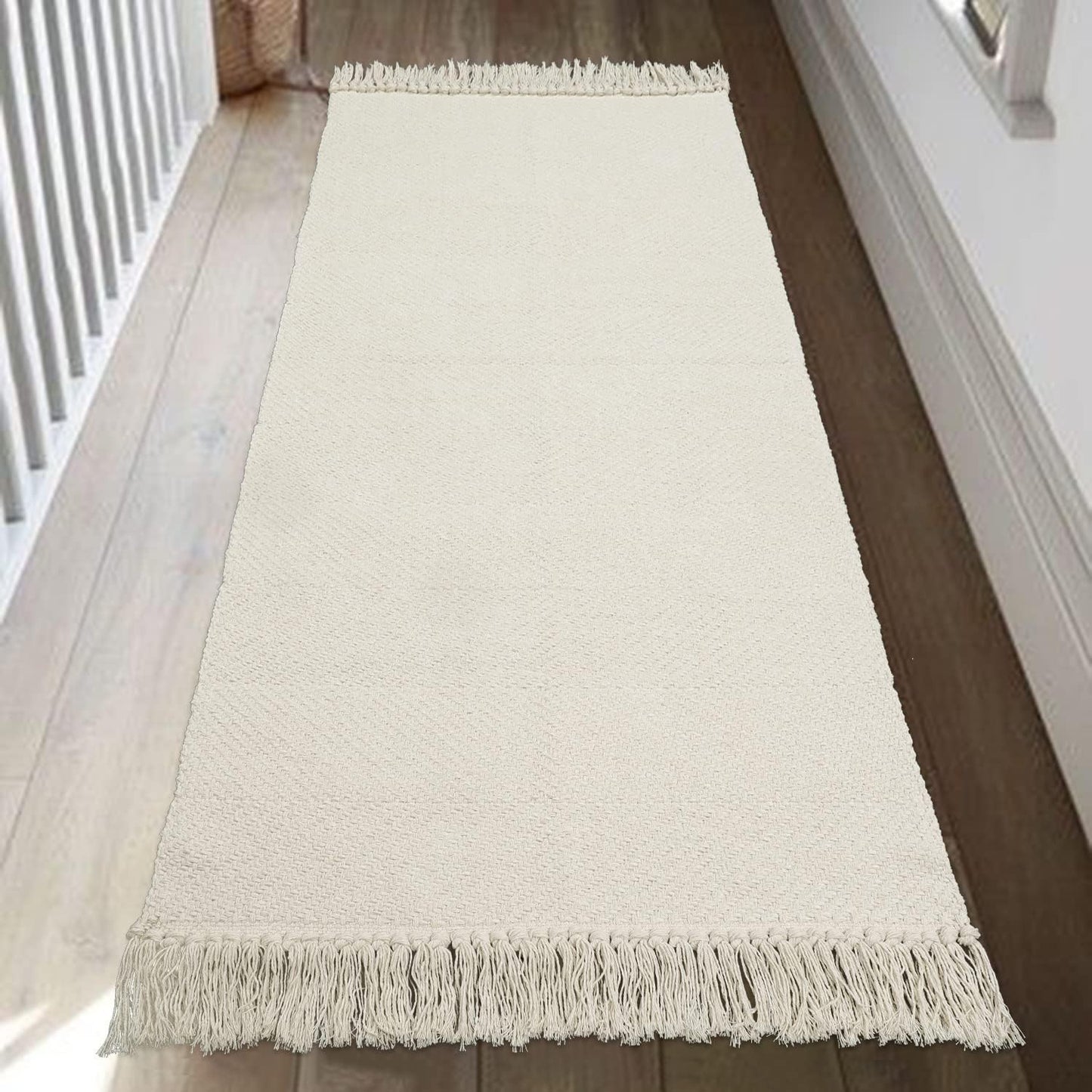 Collive Boho 18 ft Long Runner Rug for Hallway, Washable Kitchen Runner, Cotton Hand-Woven Farmhouse Neutral Carpet Runners, Tan/Cream Low Pile Entryway Floor Runners for Bedroom