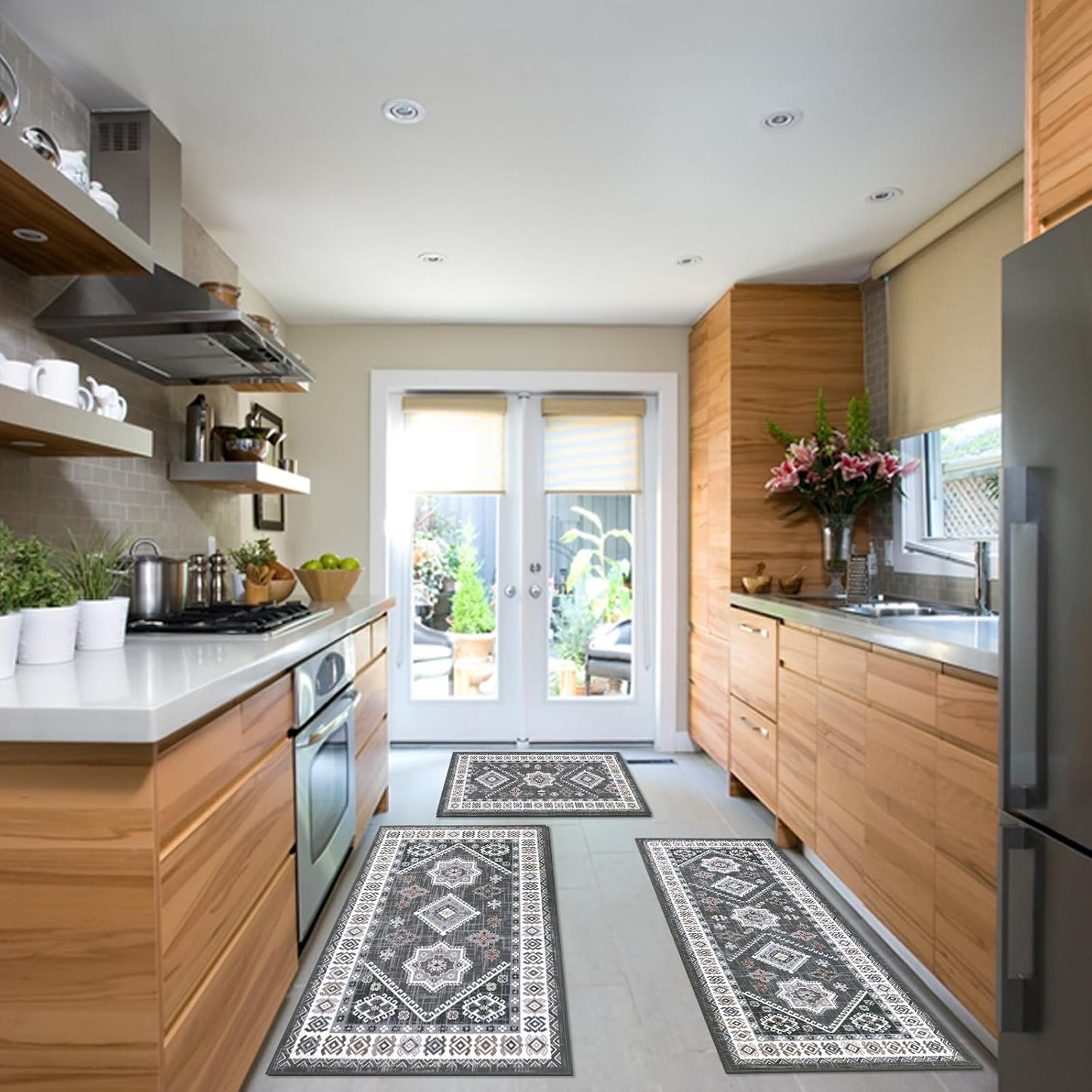 HEBE Boho Kitchen Rug Sets 3 Piece with Runner Non Slip Kitchen Rugs and Mats Washable Kitchen Mats for Floor Thick Kitchen Floor Mat Carpet Runner Rugs for Hallway Laundry Holiday Decor