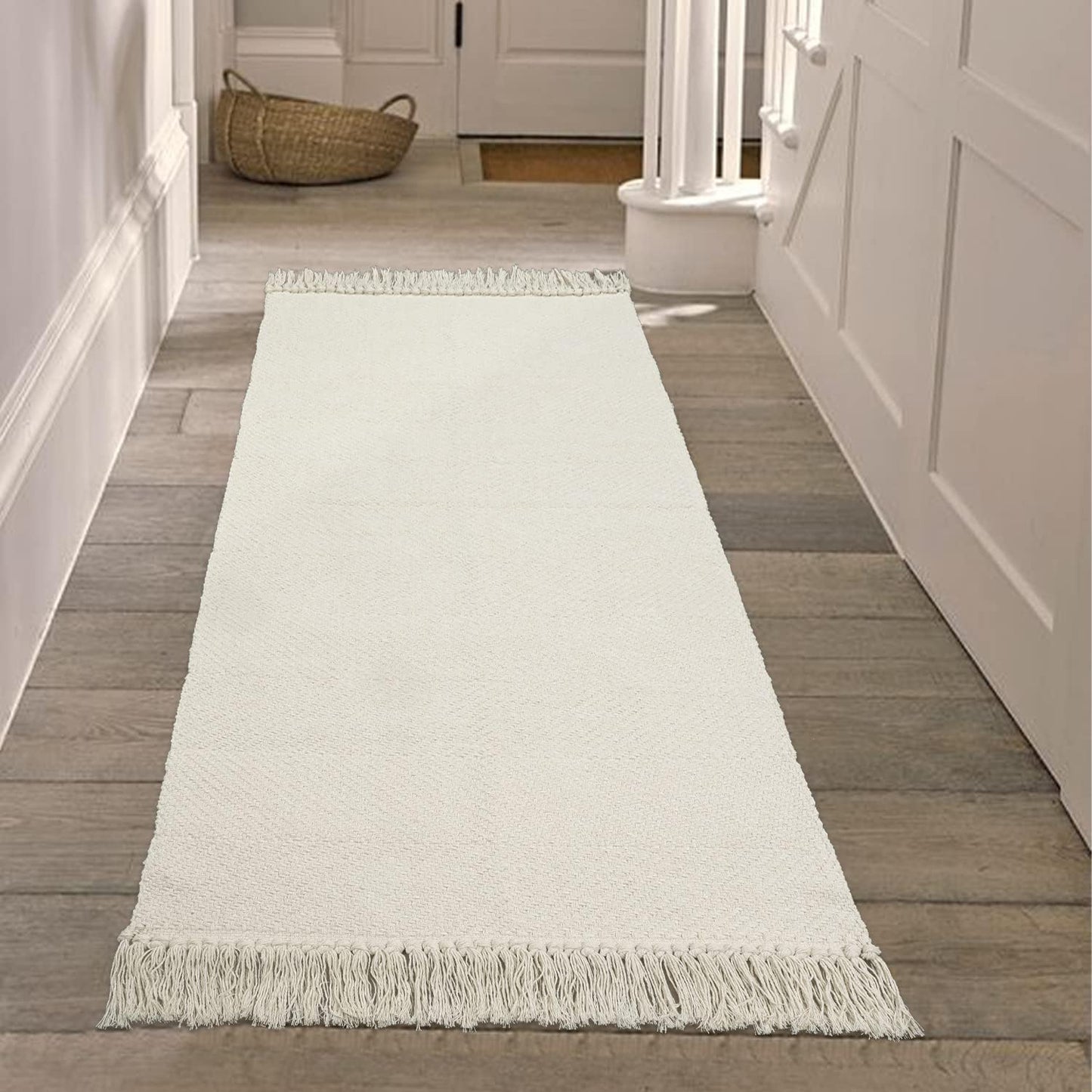 Collive Boho 18 ft Long Runner Rug for Hallway, Washable Kitchen Runner, Cotton Hand-Woven Farmhouse Neutral Carpet Runners, Tan/Cream Low Pile Entryway Floor Runners for Bedroom