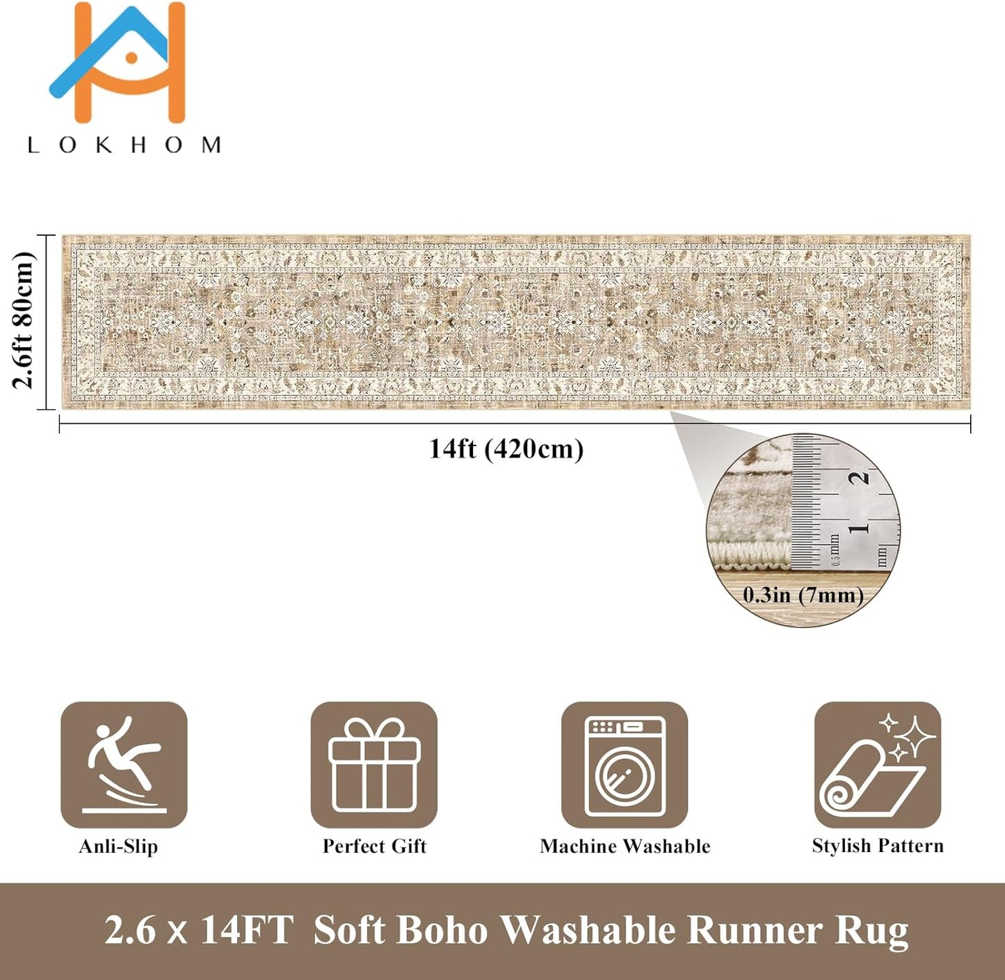 LOKHOM Washable Runner Rug, 2.6x14 Non-Slip Vintage Long Hallway Runner Rugs with Rubber Backing, Boho Soft Distressed Kitchen Rug Floor Carpet Runner for Hallway Laundry Entryway Bedroom(Beige Brown)