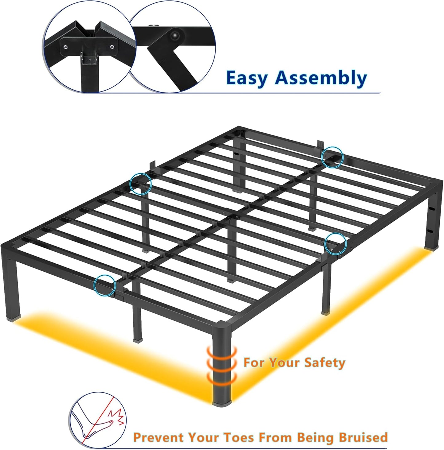14 Inch Queen Metal Platform Bed Frame with Round Corner and Mattress Retainers, 3500lbs Heavy Duty Steel Slats Support, No Box Spring Needed, Easy Assembly, Noise Free