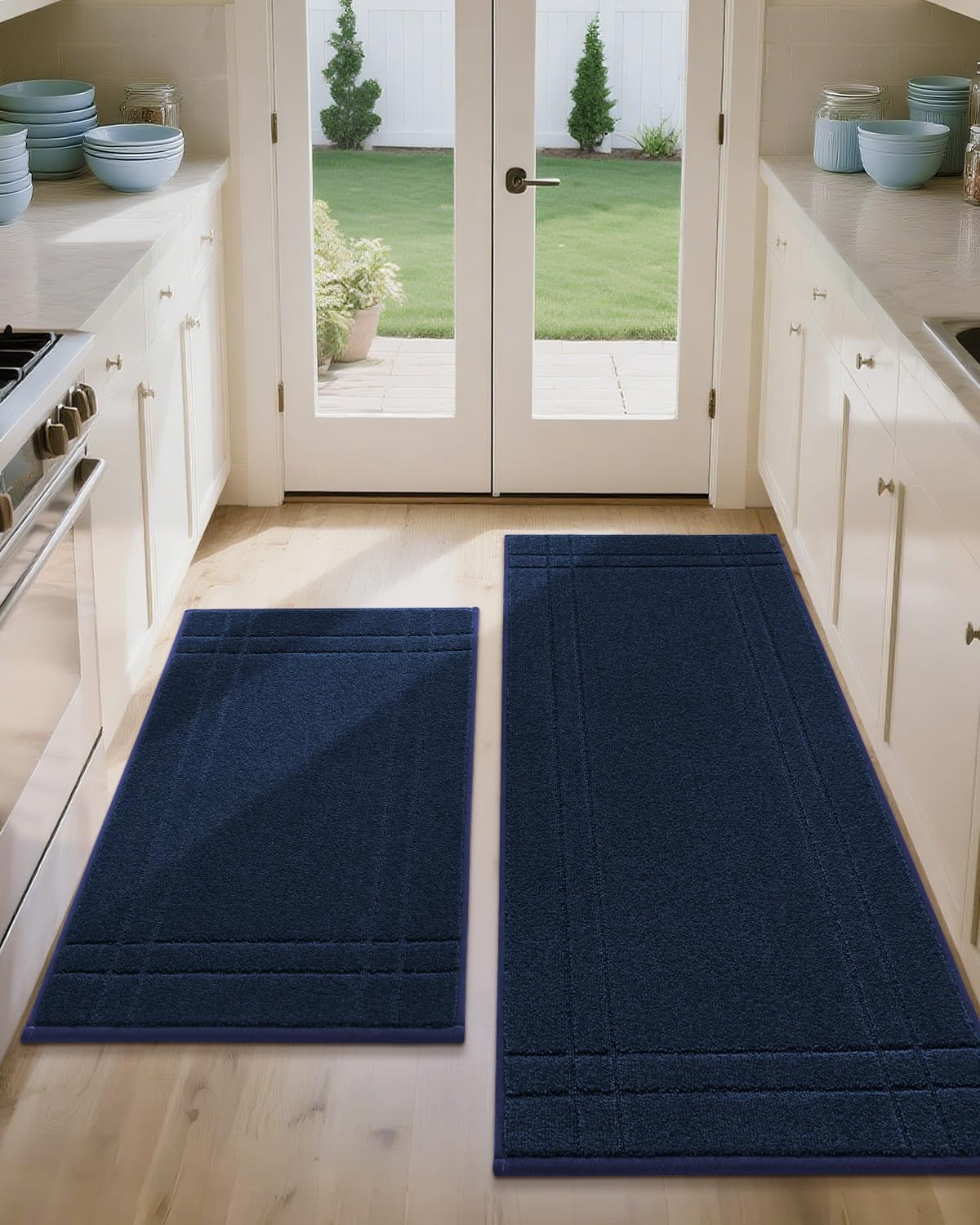 JSEI Kitchen Mats for Floor, Non-Slip Kitchen Rugs, Soft Washable Absorbent Kitchen Mats 2 PCS, Kitchen Runner Rug with TPR Backing, Polyester, 24"x36"+24"x60", Black