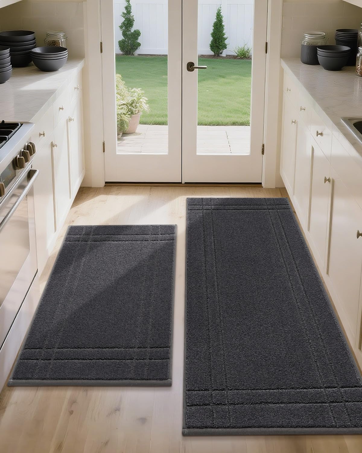 JSEI Kitchen Mats for Floor, Non-Slip Kitchen Rugs, Soft Washable Absorbent Kitchen Mats 2 PCS, Kitchen Runner Rug with TPR Backing, Polyester, 24"x36"+24"x60", Black