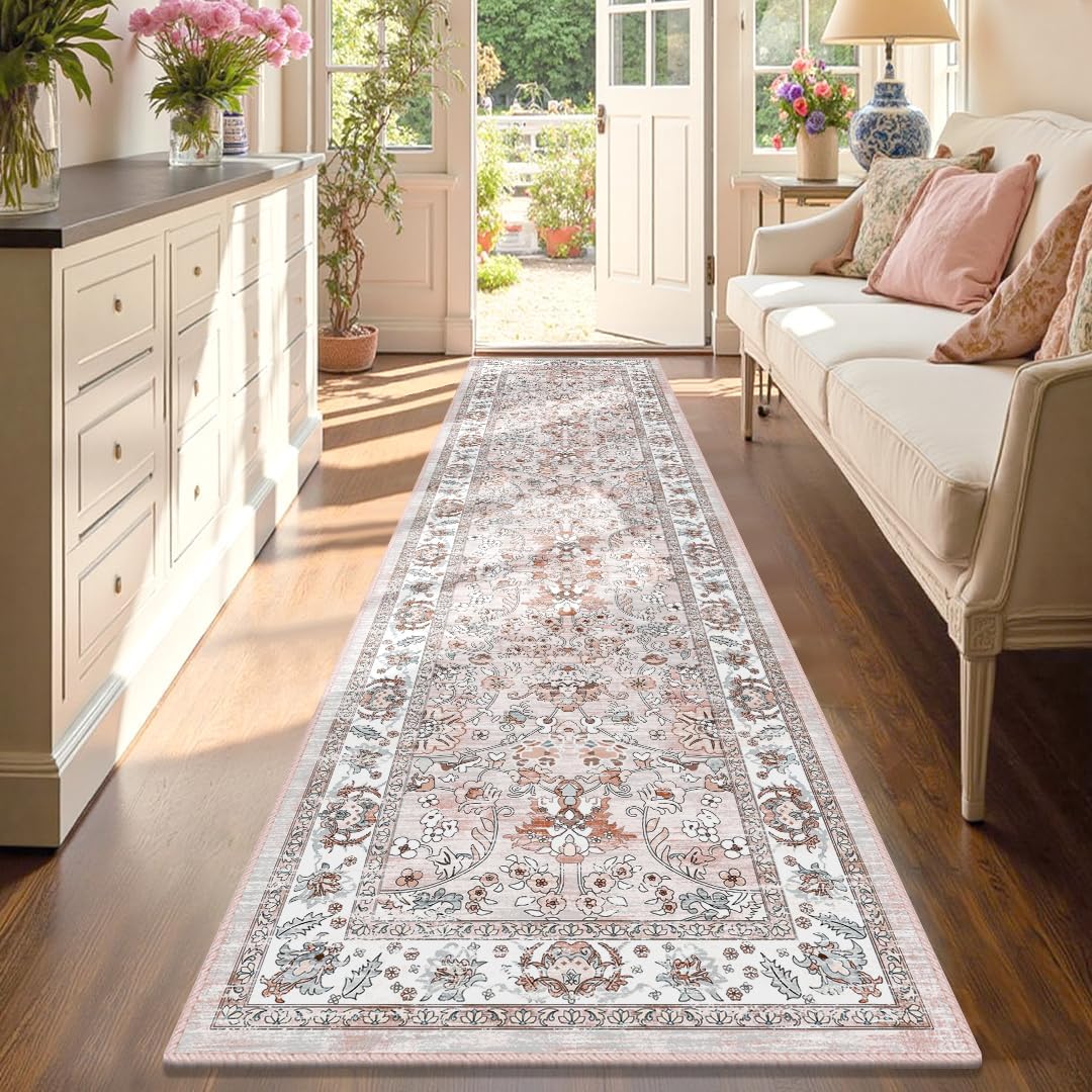 LOKHOM Washable Runner Rug, 2.6x14 Non-Slip Vintage Long Hallway Runner Rugs with Rubber Backing, Boho Soft Distressed Kitchen Rug Floor Carpet Runner for Hallway Laundry Entryway Bedroom(Beige Brown)