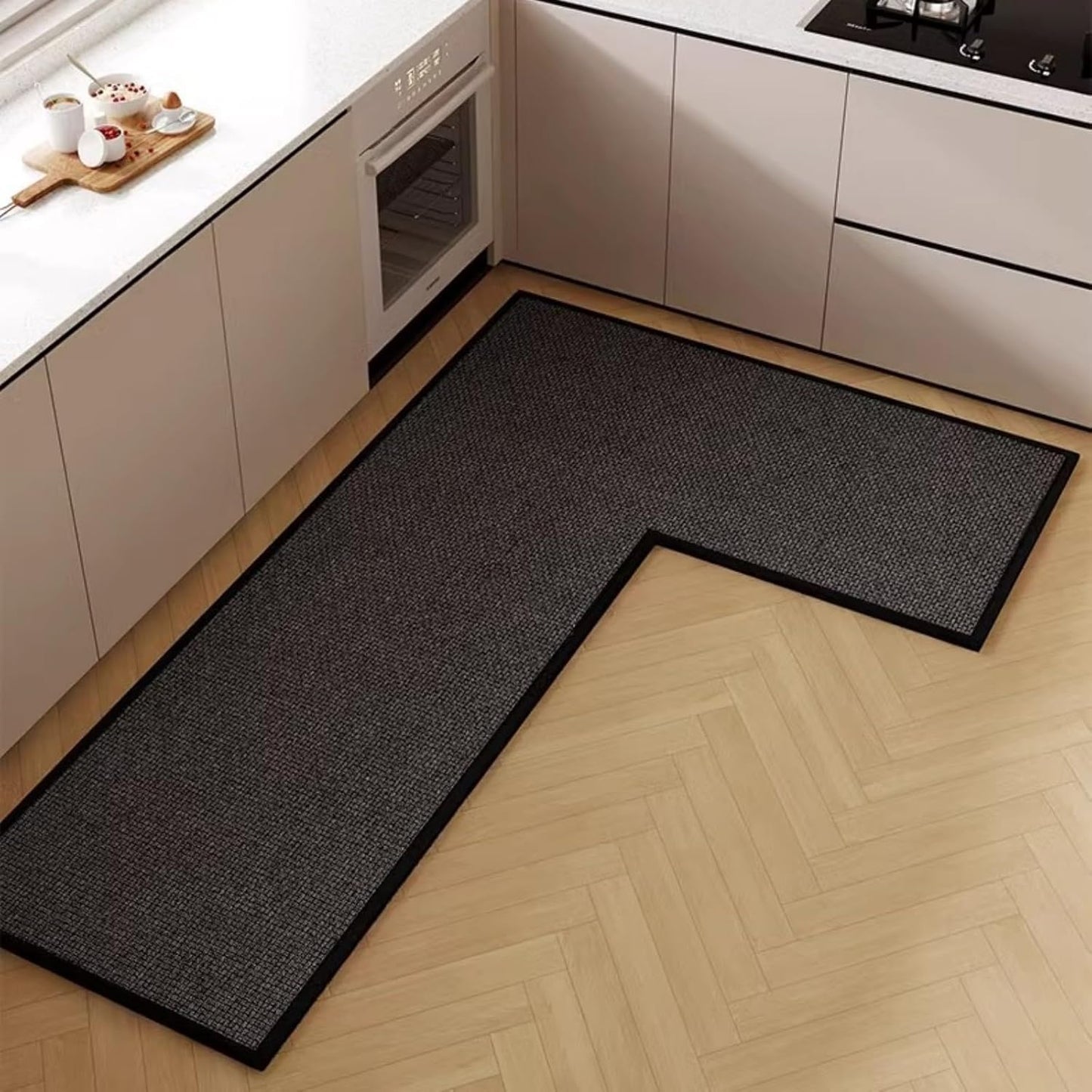 L Shape Kitchen Mat, Anti-slip Corner Kitchen Mats for Floor, 1 Piece L Shape Rug, Absorbent Runner in Front of Sink, Washable Floor Rugs for Home,Kitchen,Office(Black/Grey Right-L,4'11" x 3'3")