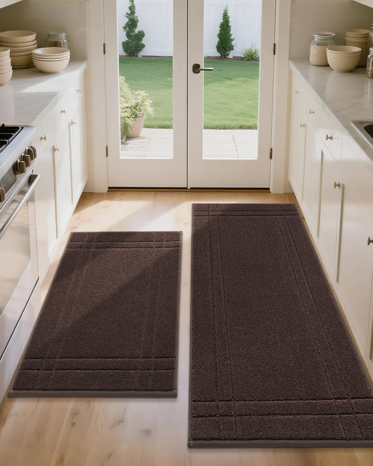 JSEI Kitchen Mats for Floor, Non-Slip Kitchen Rugs, Soft Washable Absorbent Kitchen Mats 2 PCS, Kitchen Runner Rug with TPR Backing, Polyester, 24"x36"+24"x60", Black