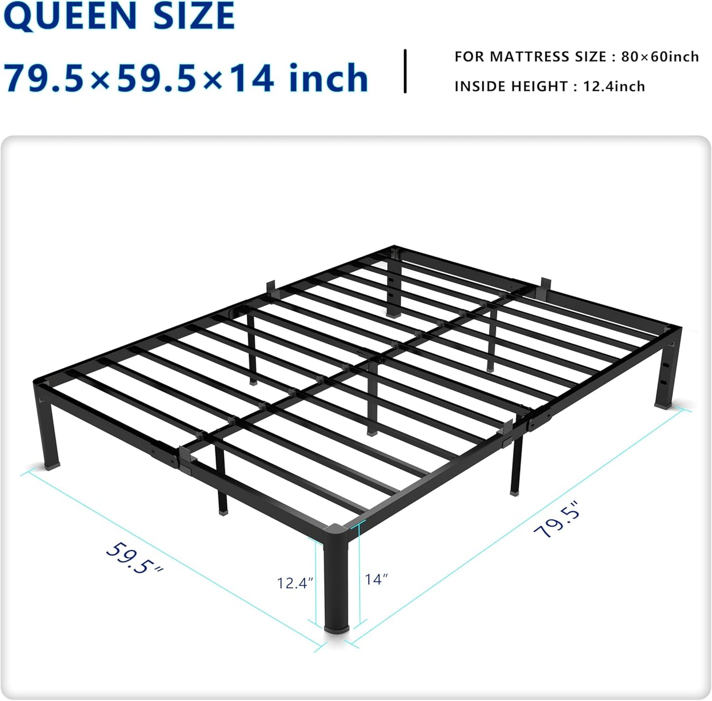 14 Inch Queen Metal Platform Bed Frame with Round Corner and Mattress Retainers, 3500lbs Heavy Duty Steel Slats Support, No Box Spring Needed, Easy Assembly, Noise Free